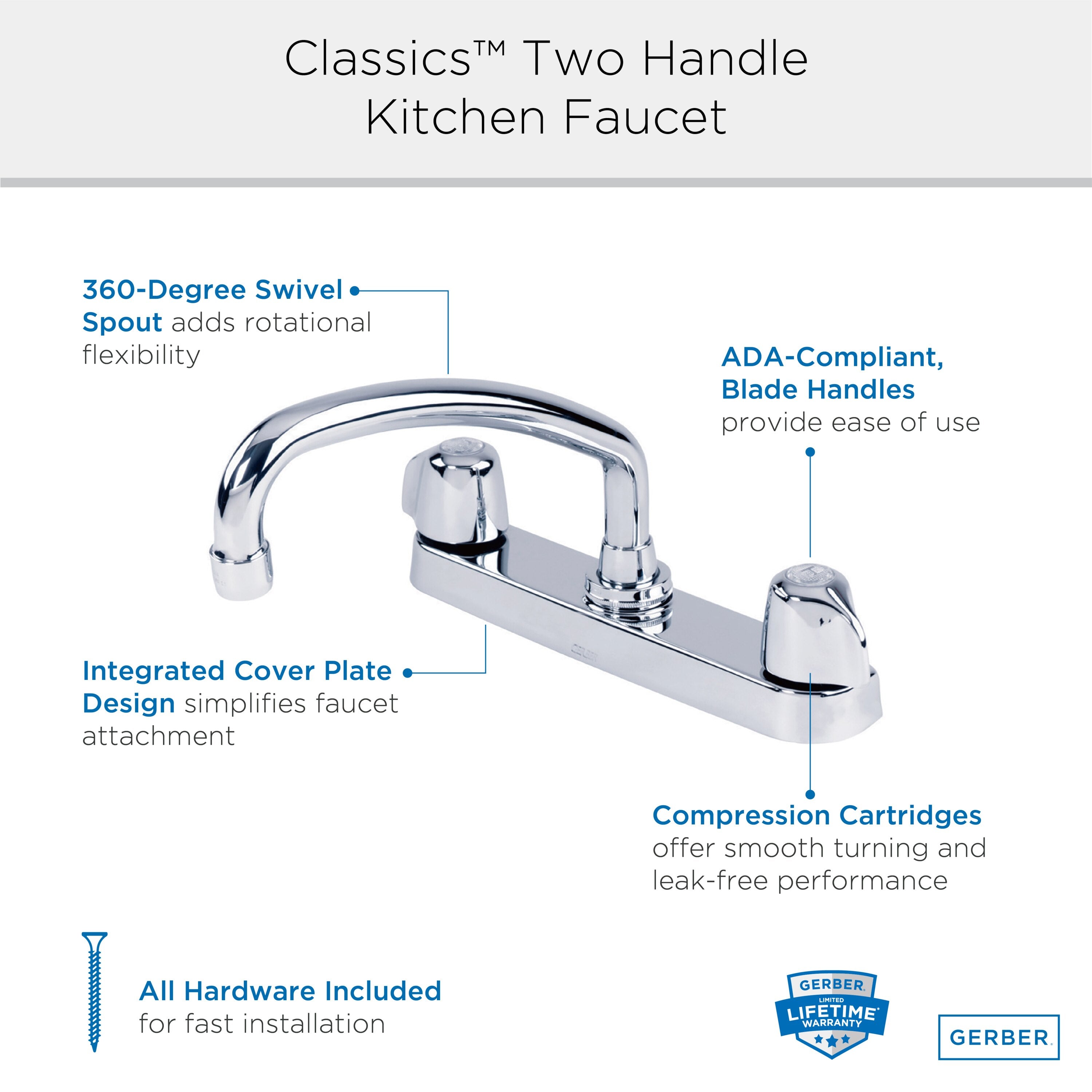Gerber Classics™ Two Handle Cover Plate Mounted Kitchen Faucet with Metal Handles and Tubular Swing Spout