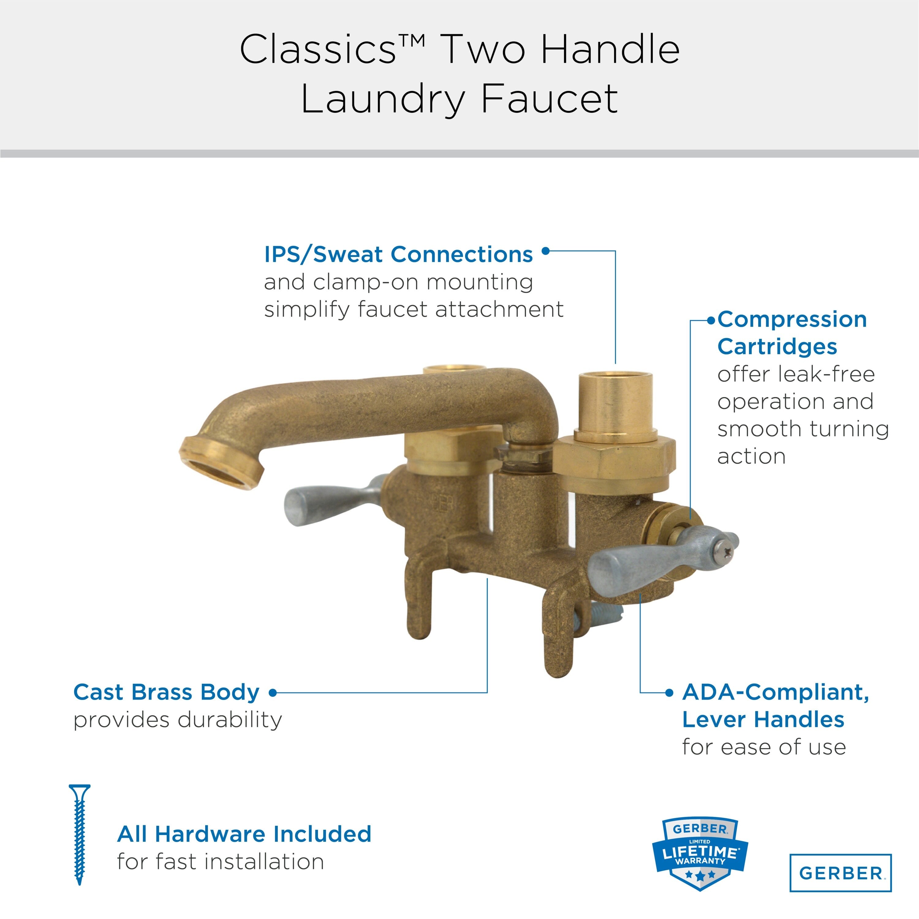 Gerber Classics™ Two Handle Clamp On Laundry Faucet with Metal Lever Handles and IPS/Sweat Connections