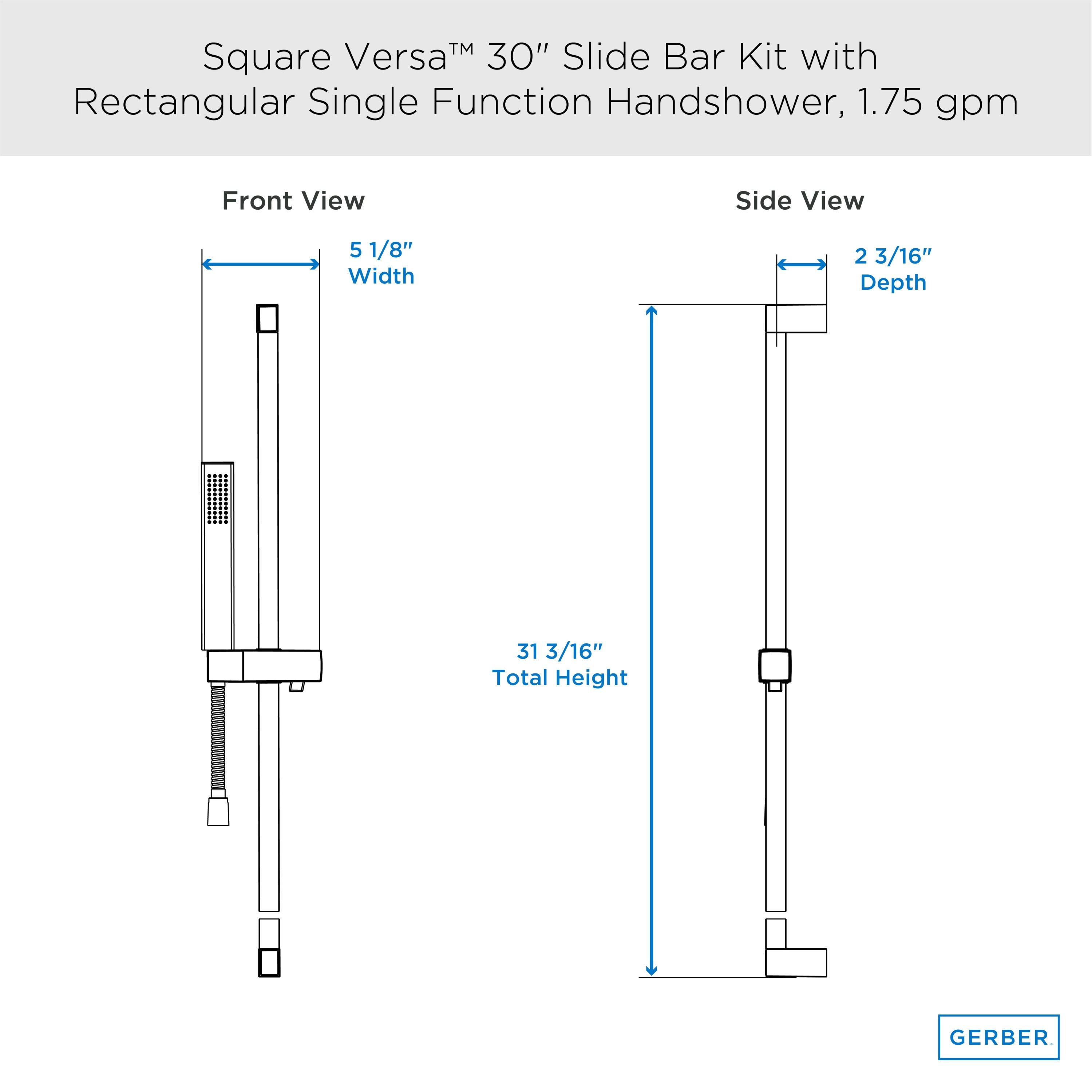 Versa™ Square 30" Slide Bar Assembly with Single Function Rectangular Handshower, 1.75gpm