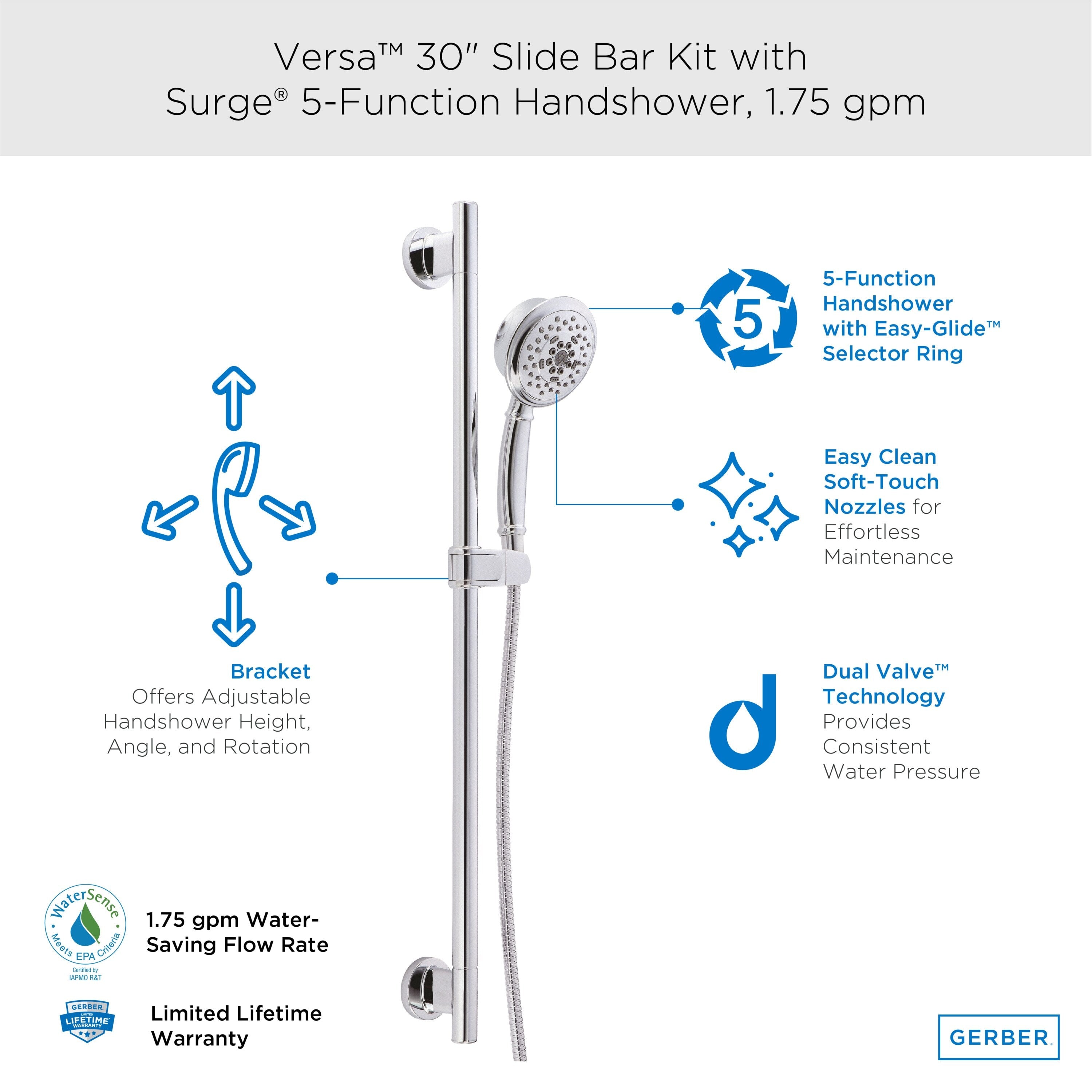Versa™ 30" Slide Bar Assembly with Surge® 5-Function Handshower, 1.75gpm