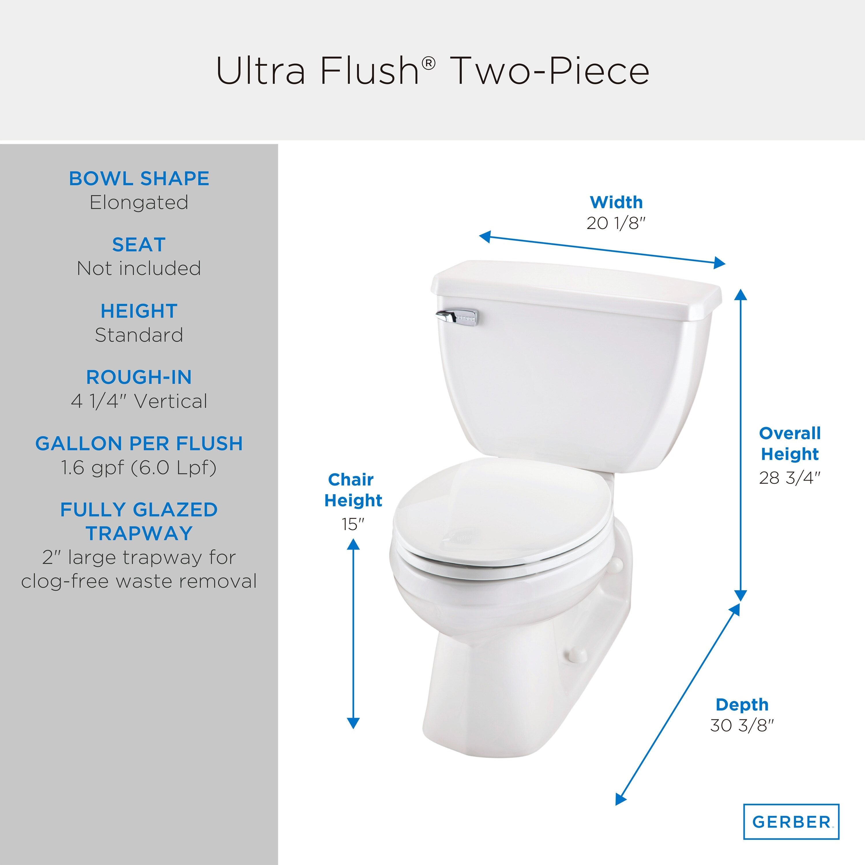 Ultra Flush® 1.6 gpf 4 1/4" Vertical Rough-In  Two-Piece Back Outlet Elongated Toilet