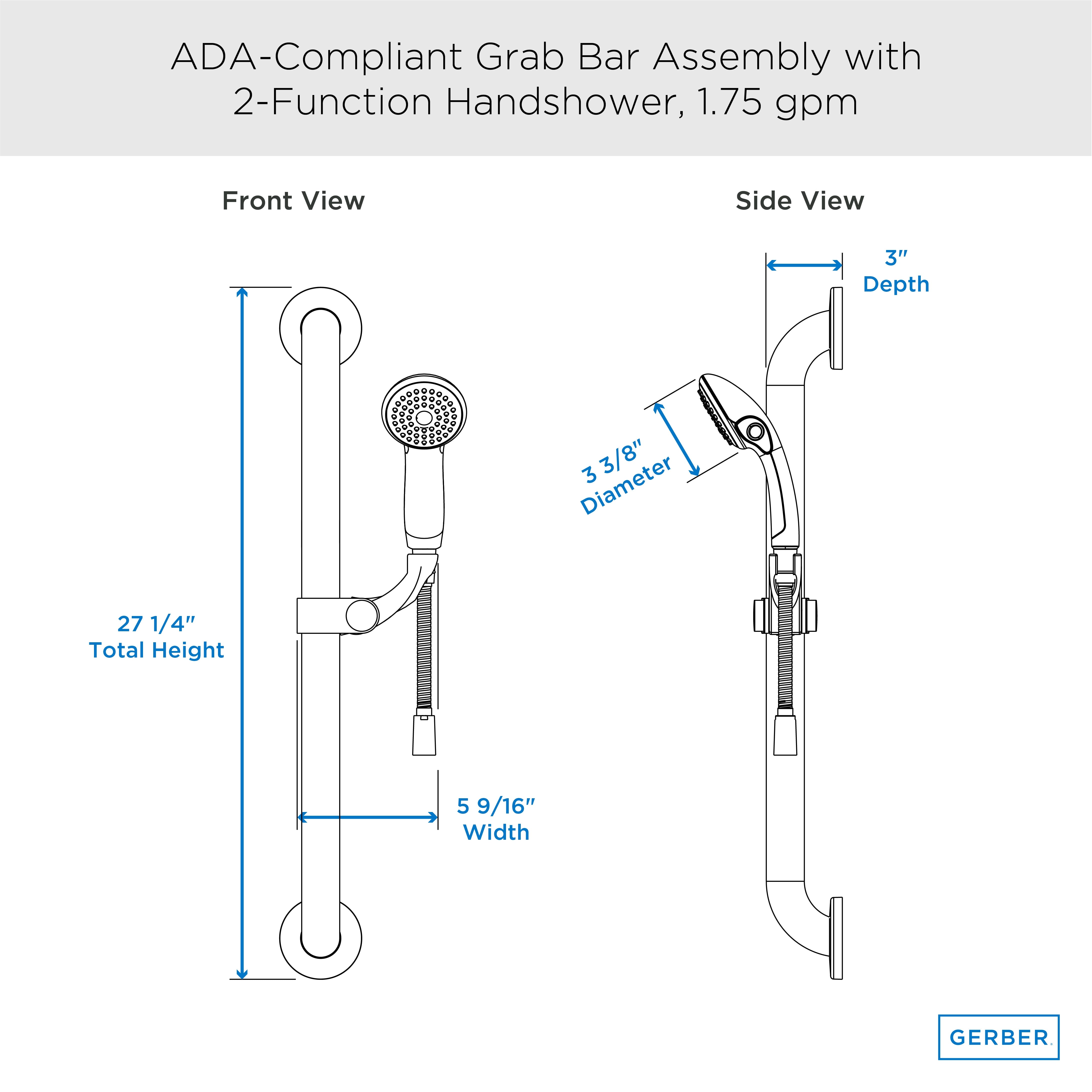ADA-Compliant Grab Bar Assembly with 2-Function Handshower, 1.75 gpm