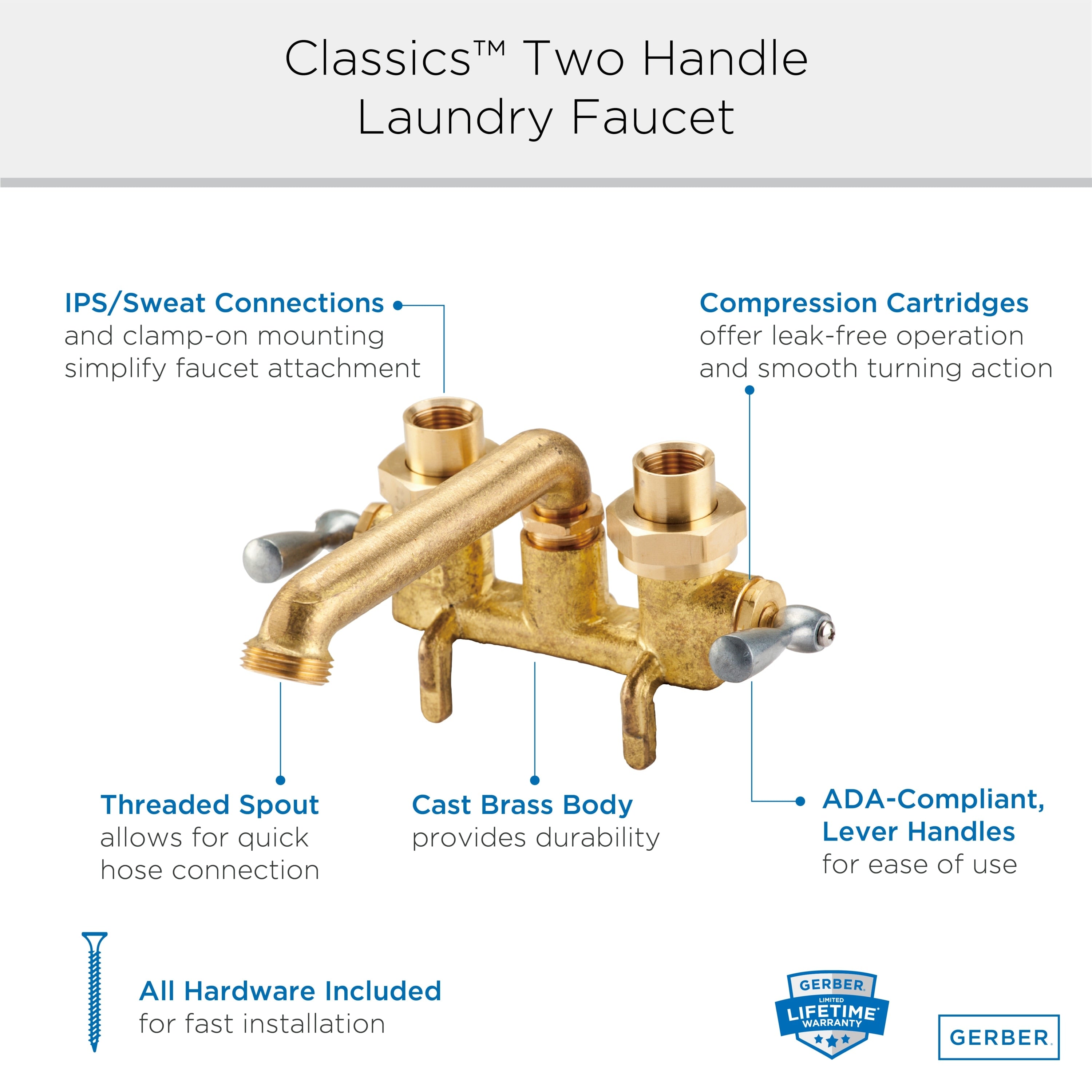Gerber Classics™ Two Handle Clamp On Laundry Faucet with Metal Lever Handles, IPS/Sweat Connections, and Threaded Spout