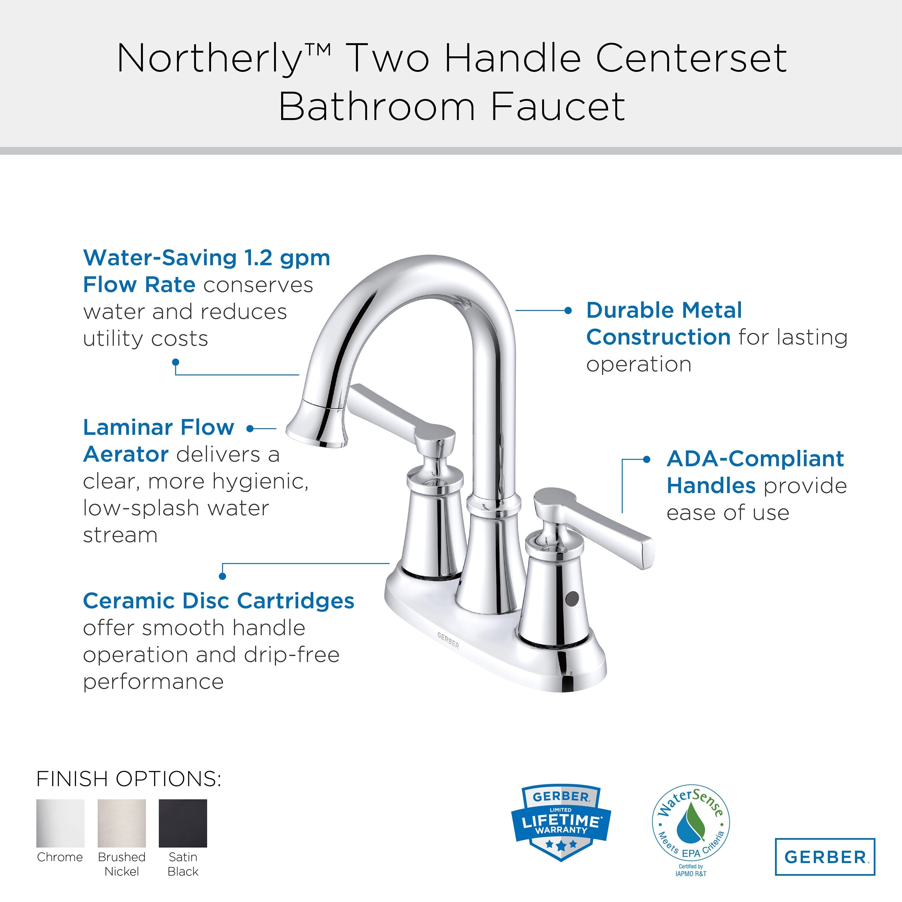 Northerly™ Two Handle Centerset Bathroom Faucet with 50/50 Touch-Down Drain