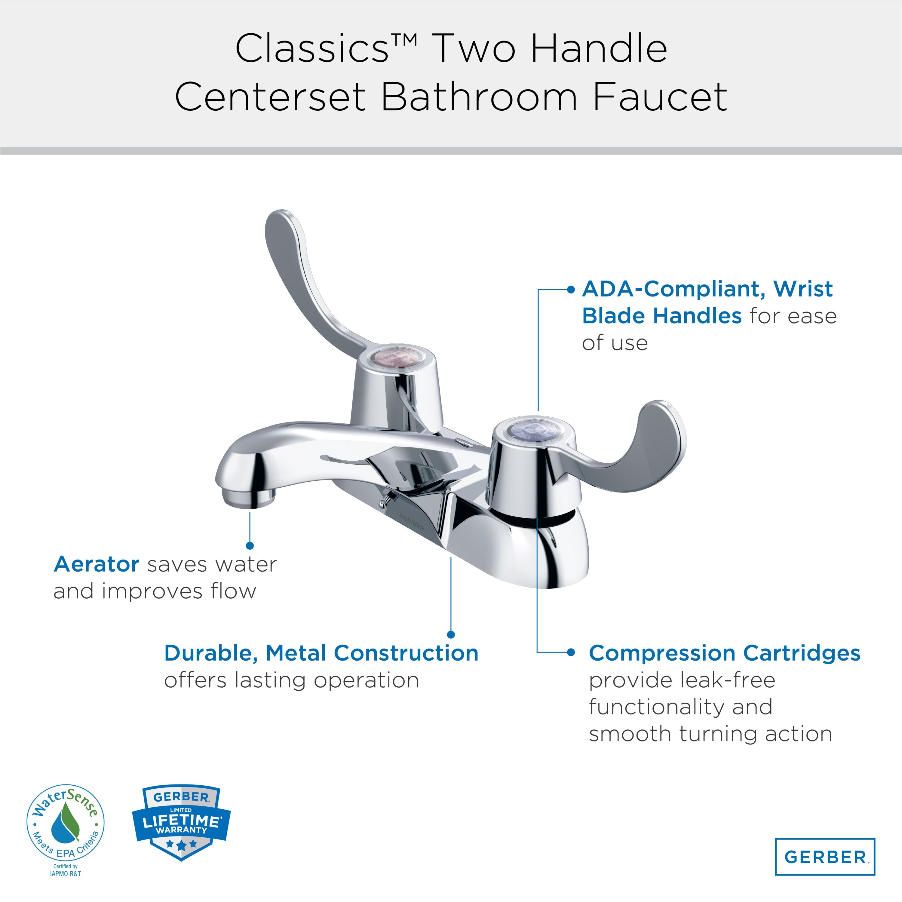 Gerber Classics™ Two Handle Centerset Bathroom Faucet with Wrist Blade Handles and Chain Stay