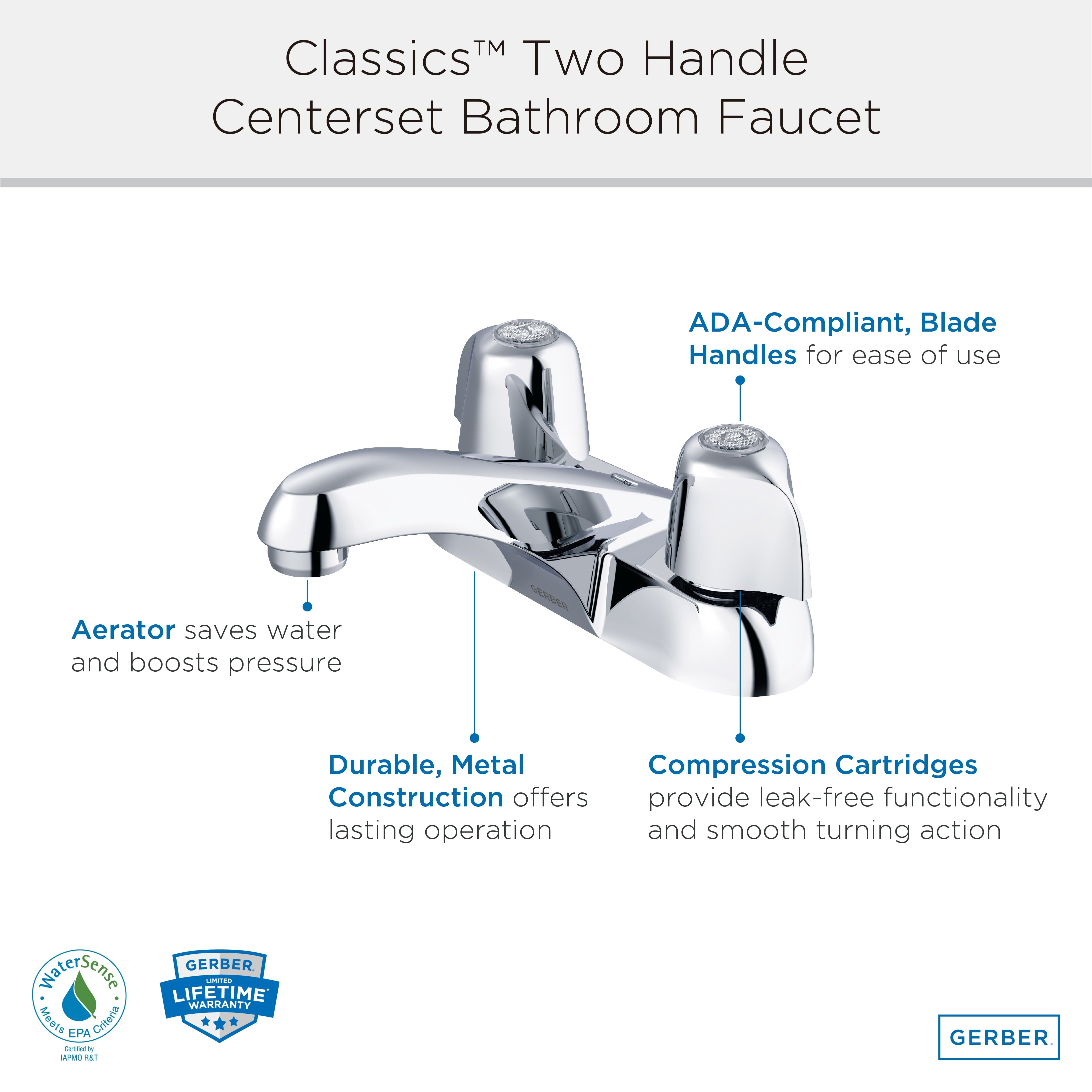 Gerber Classics™ Two Handle Centerset Bathroom Faucet with Metal Handles