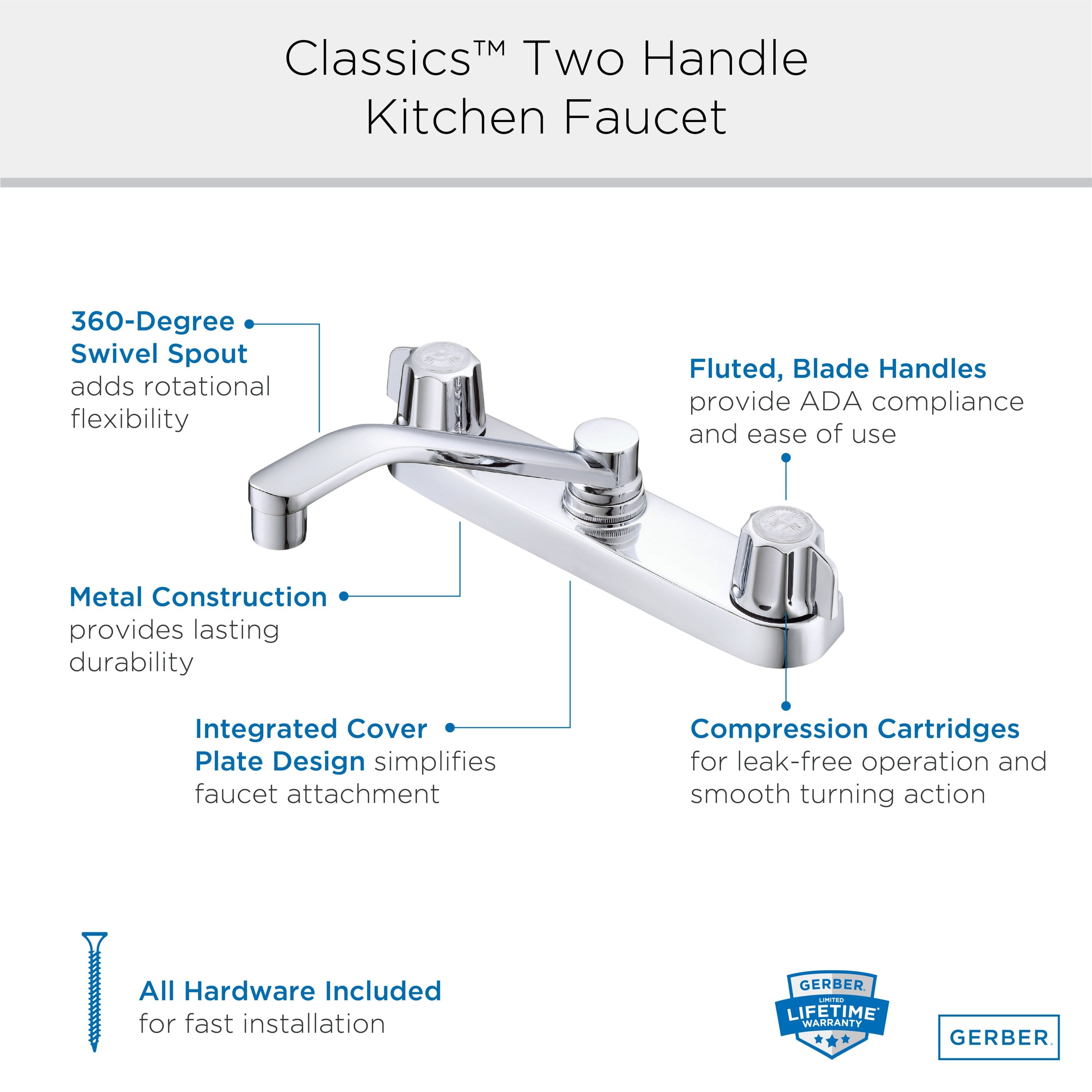 Gerber Classics™ Two Handle Cover Plate Mounted Kitchen Faucet with Metal Fluted Handles and D-Tube Swing Spout