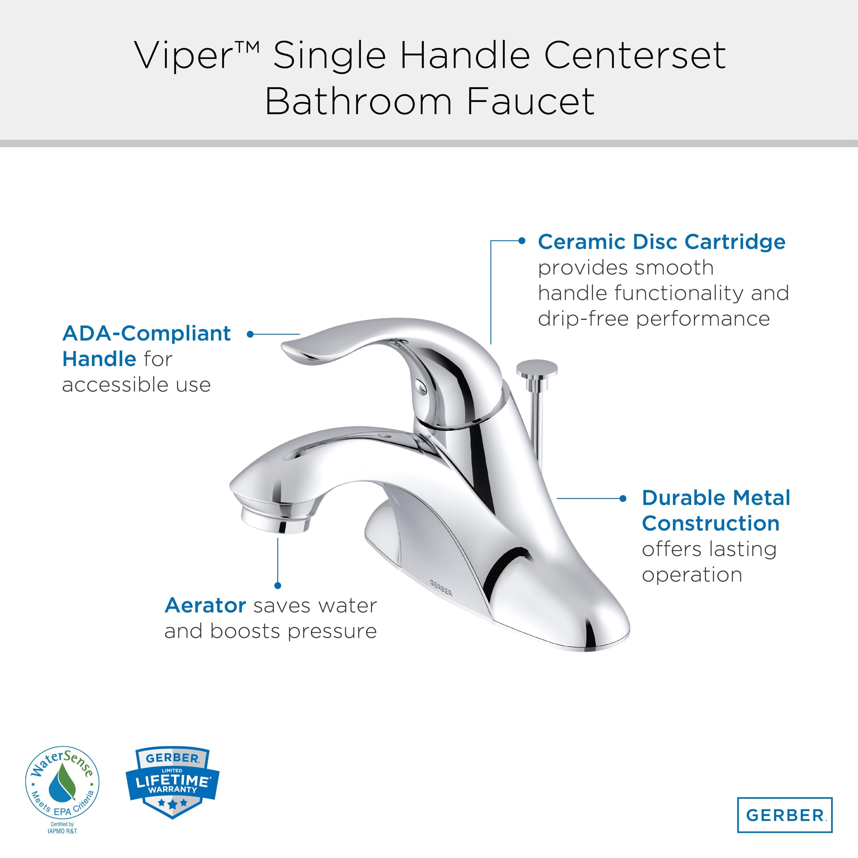 Viper™ Single Handle Centerset Bathroom Faucet with Metal Pop-Up Drain