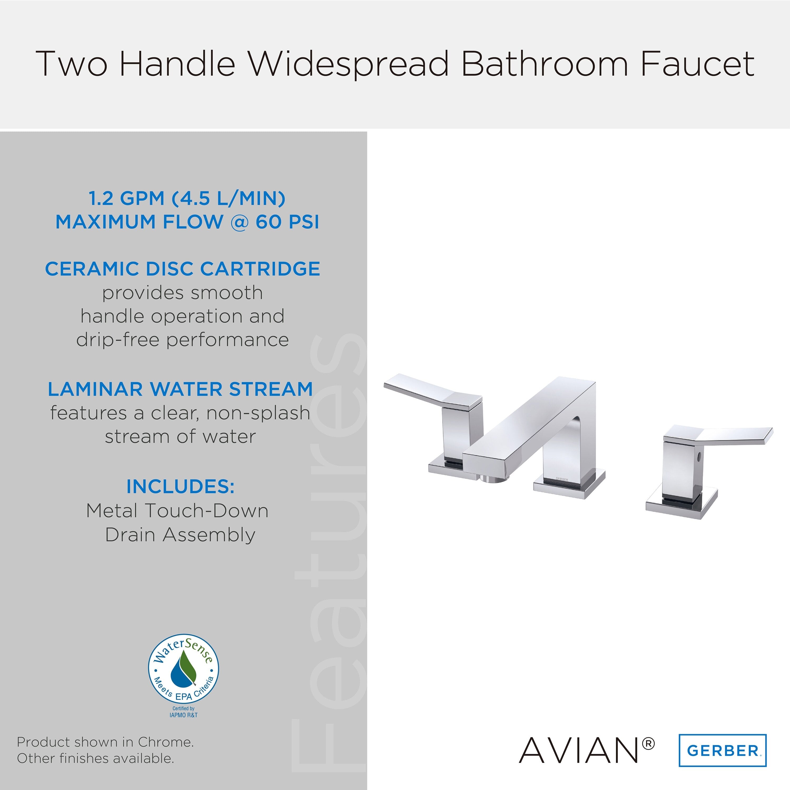 Avian® Two Handle Widespread Bathroom Faucet with Metal Touch-Down Drain