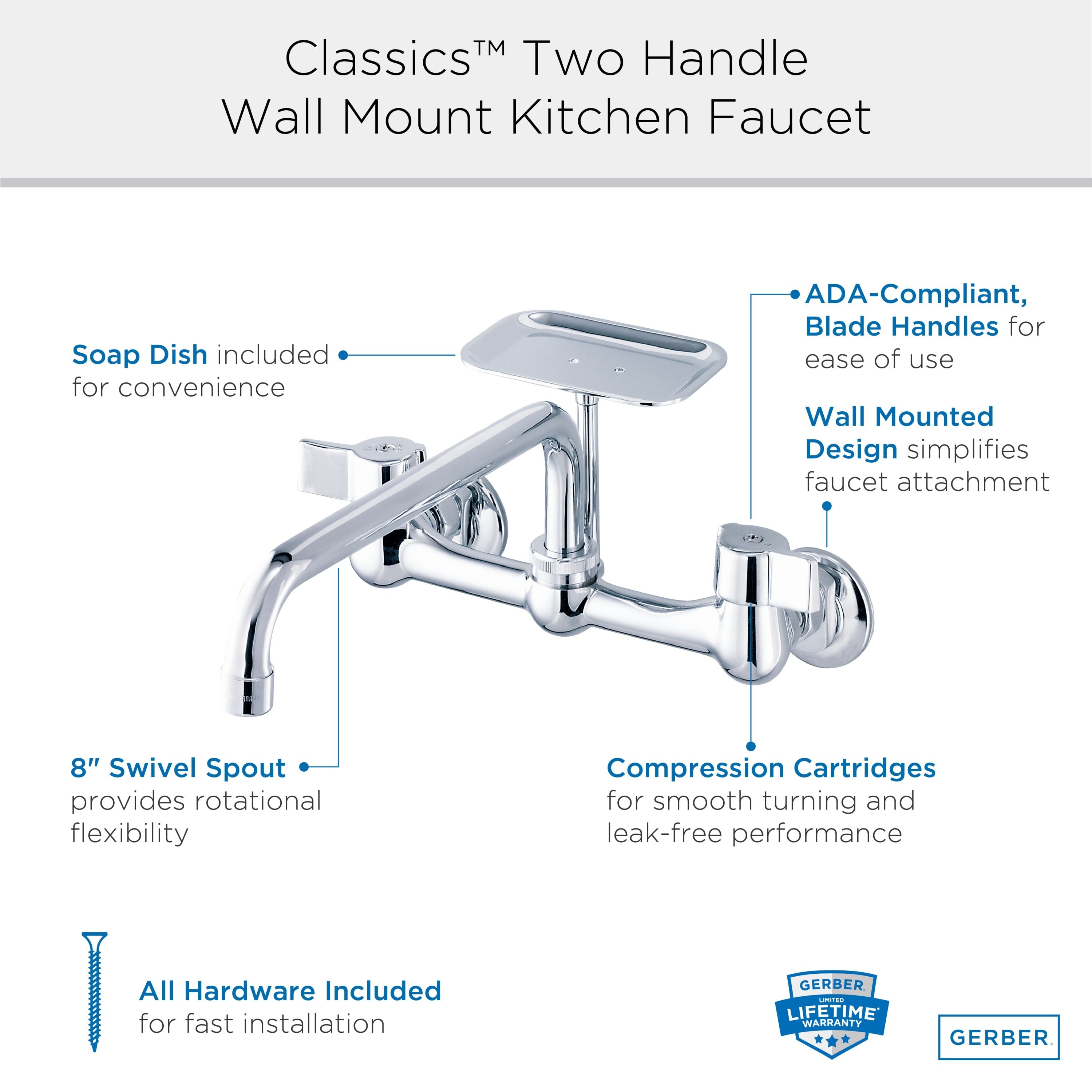 Gerber Classics™ Two Handle Wall Mount Kitchen Faucet with Metal Handles, 8" Swing Spout, and Soap Dish