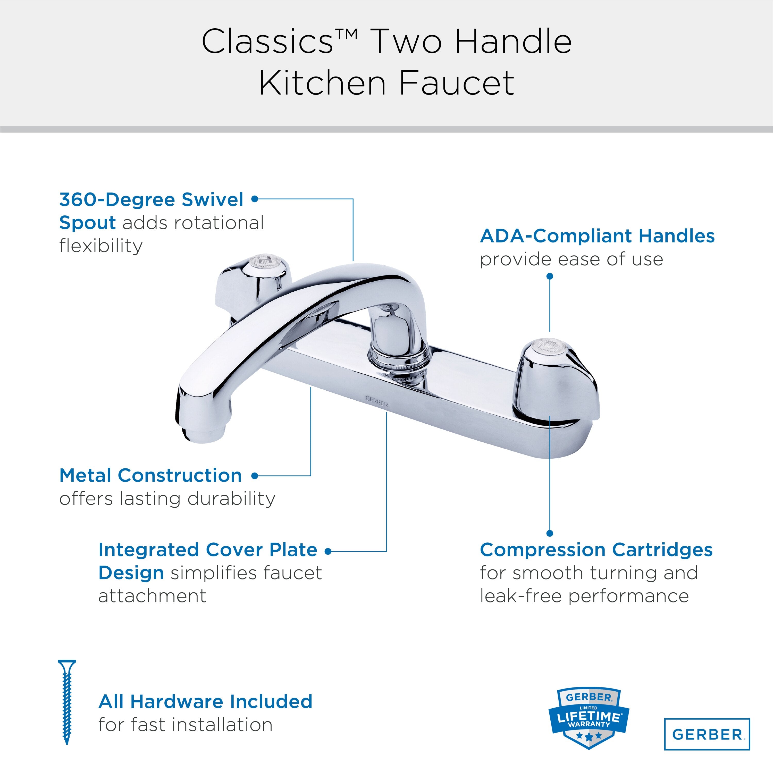 Gerber Classics™ Two Handle Cover Plate Mounted Kitchen Faucet with Metal Handles and Cast Brass Spout