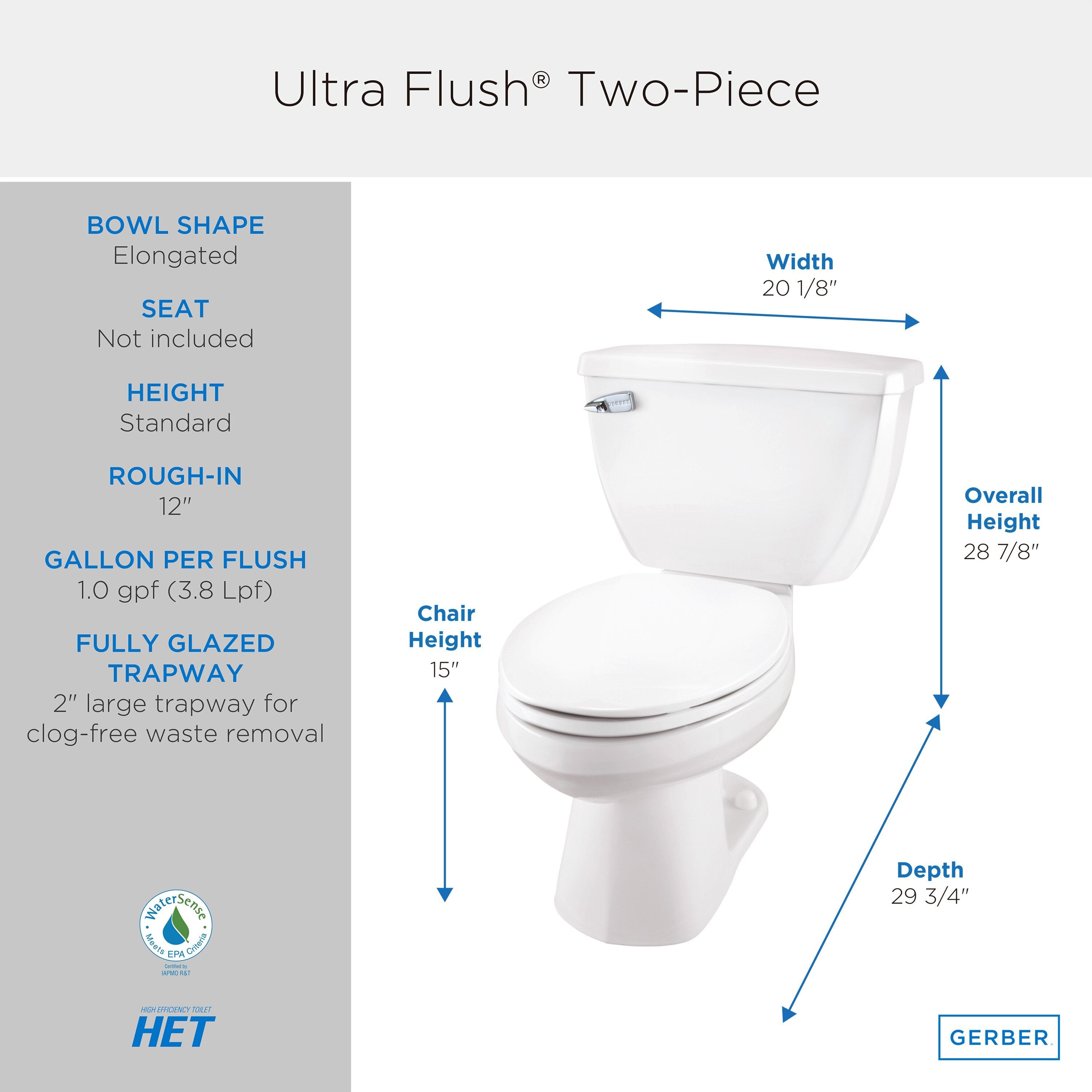 Ultra Flush® 1.0 gpf 12" Rough-In  Two-Piece Elongated Toilet