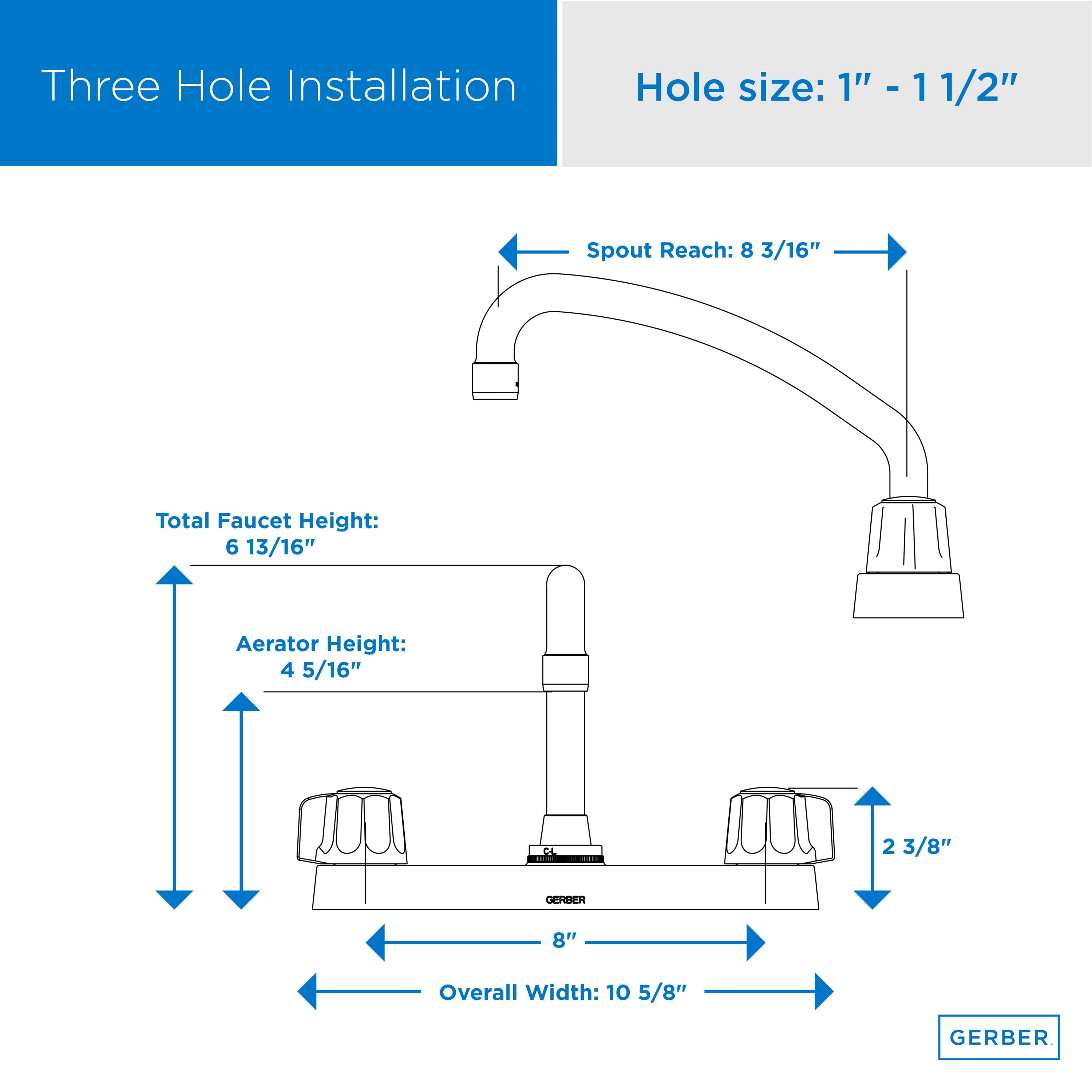 Gerber Classics™ Two Handle Cover Plate Mounted Kitchen Faucet with Metal Fluted Handles and Tubular Swing Spout