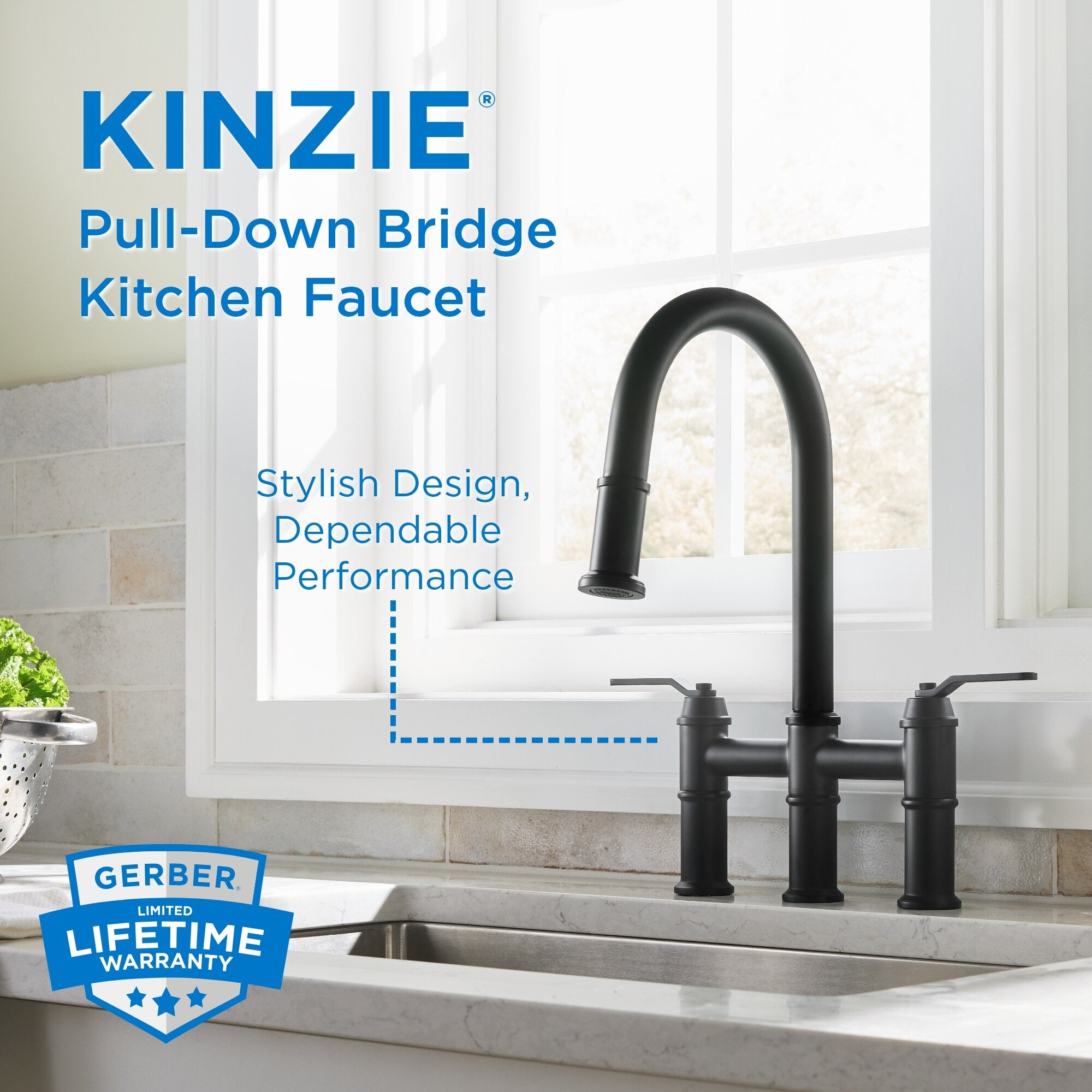 Kinzie® Two Handle Pull Down Bridge Kitchen Faucet
