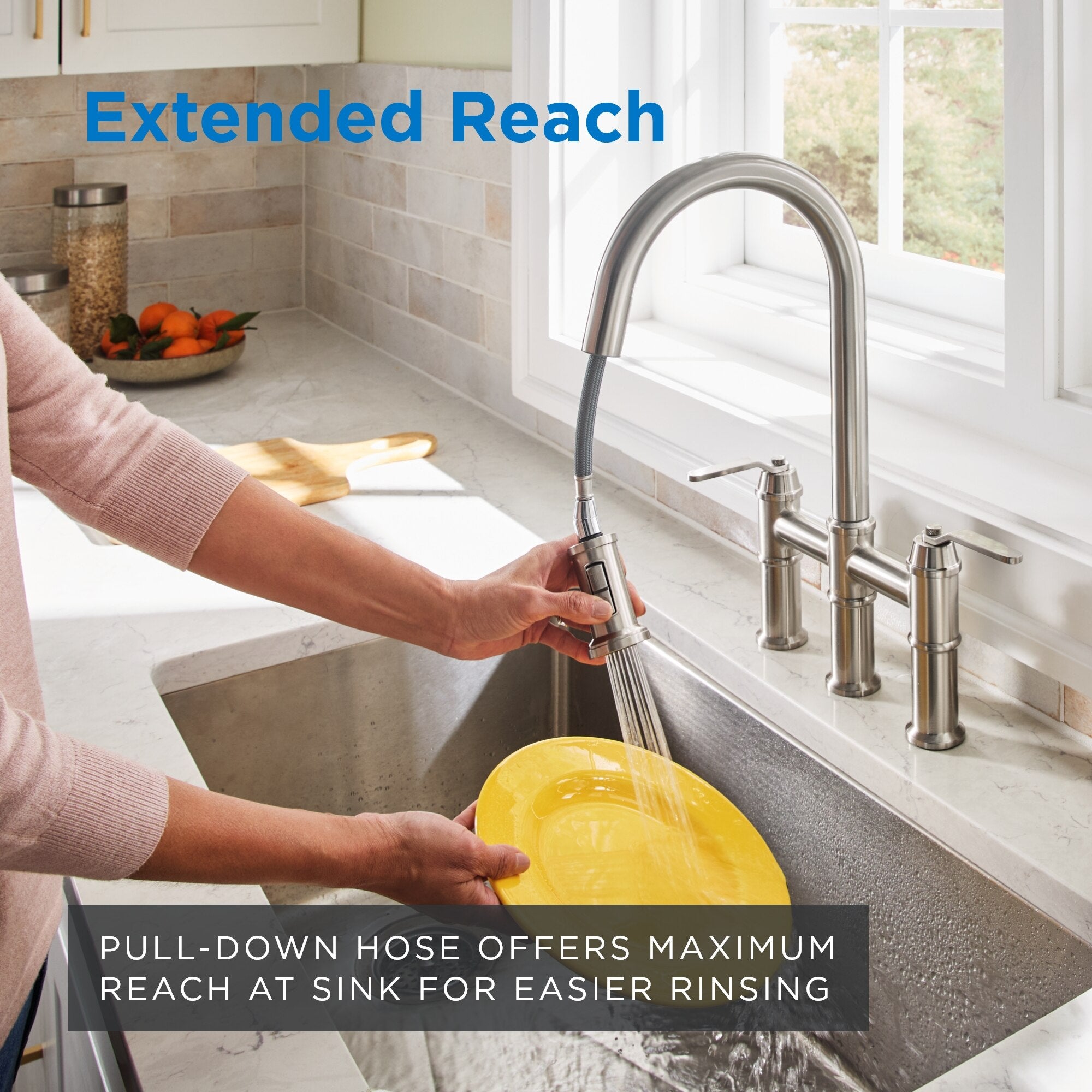 Kinzie® Two Handle Pull Down Bridge Kitchen Faucet