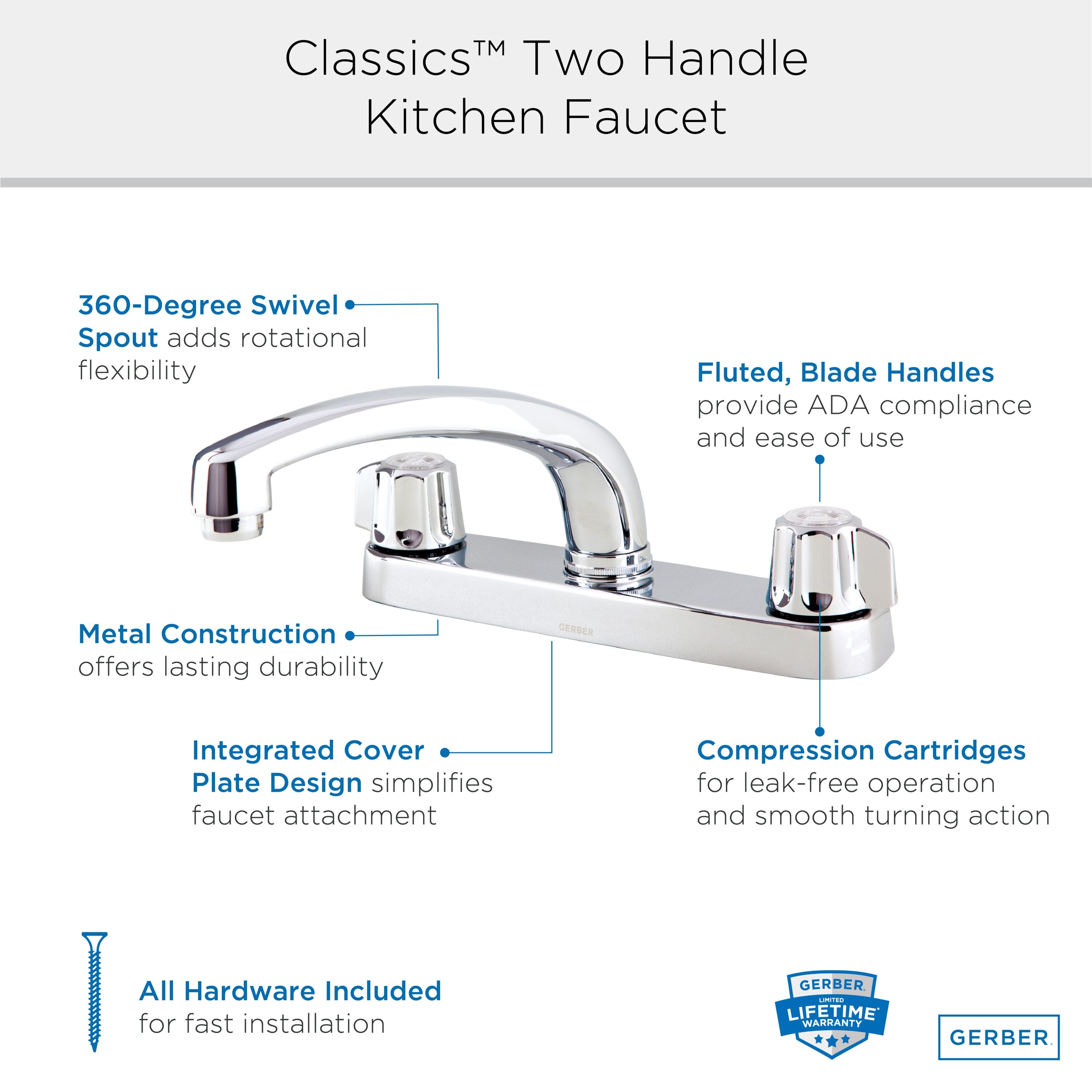 Gerber Classics™ Two Handle Cover Plate Mounted Kitchen Faucet with Metal Fluted Blade Handles
