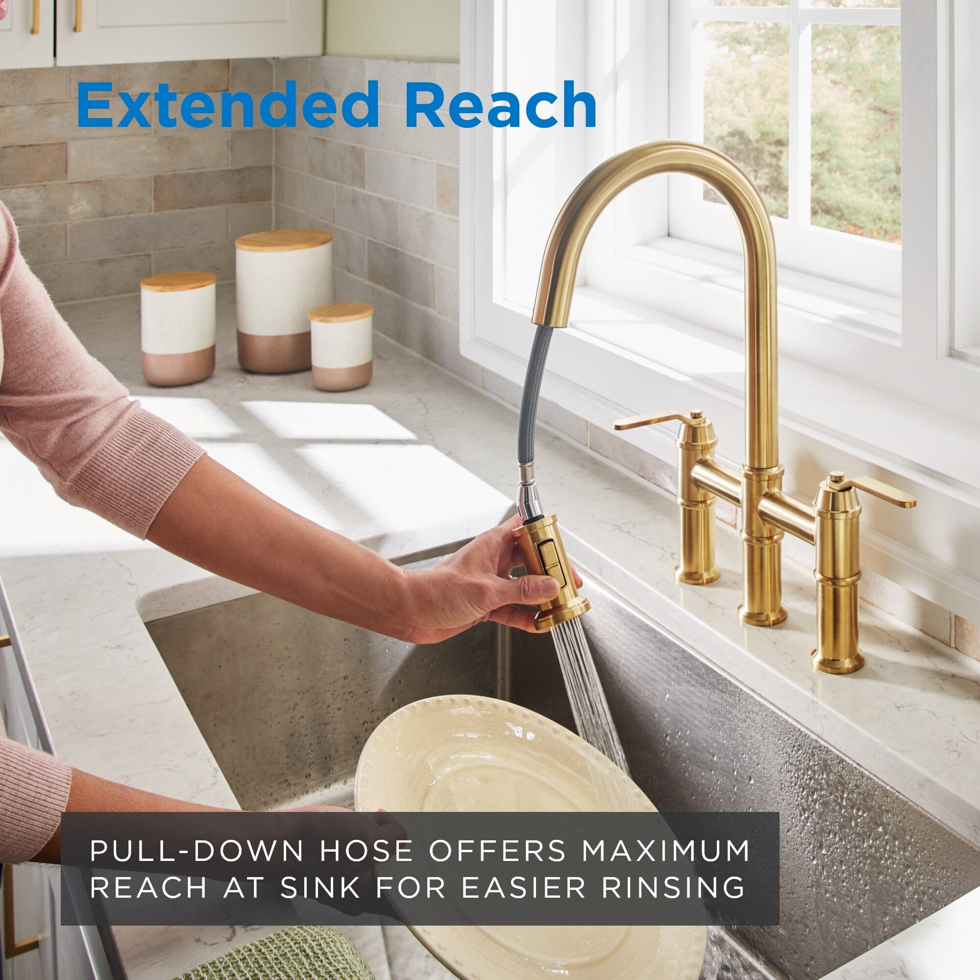 Kinzie® Two Handle Pull Down Bridge Kitchen Faucet