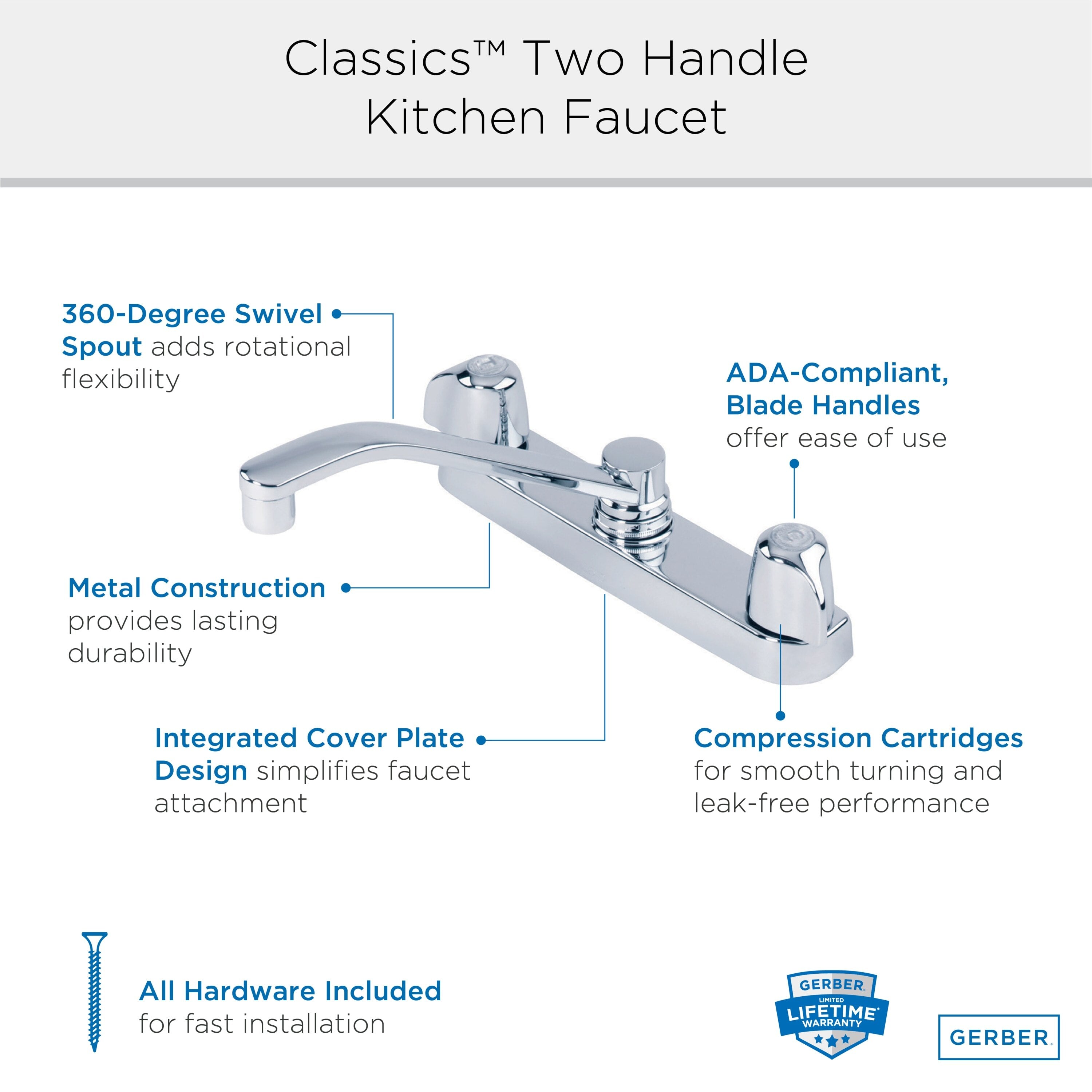 Gerber Classics™ Two Handle Cover Plate Mounted Kitchen Faucet with Metal Handles and D-Tube Swing Spout