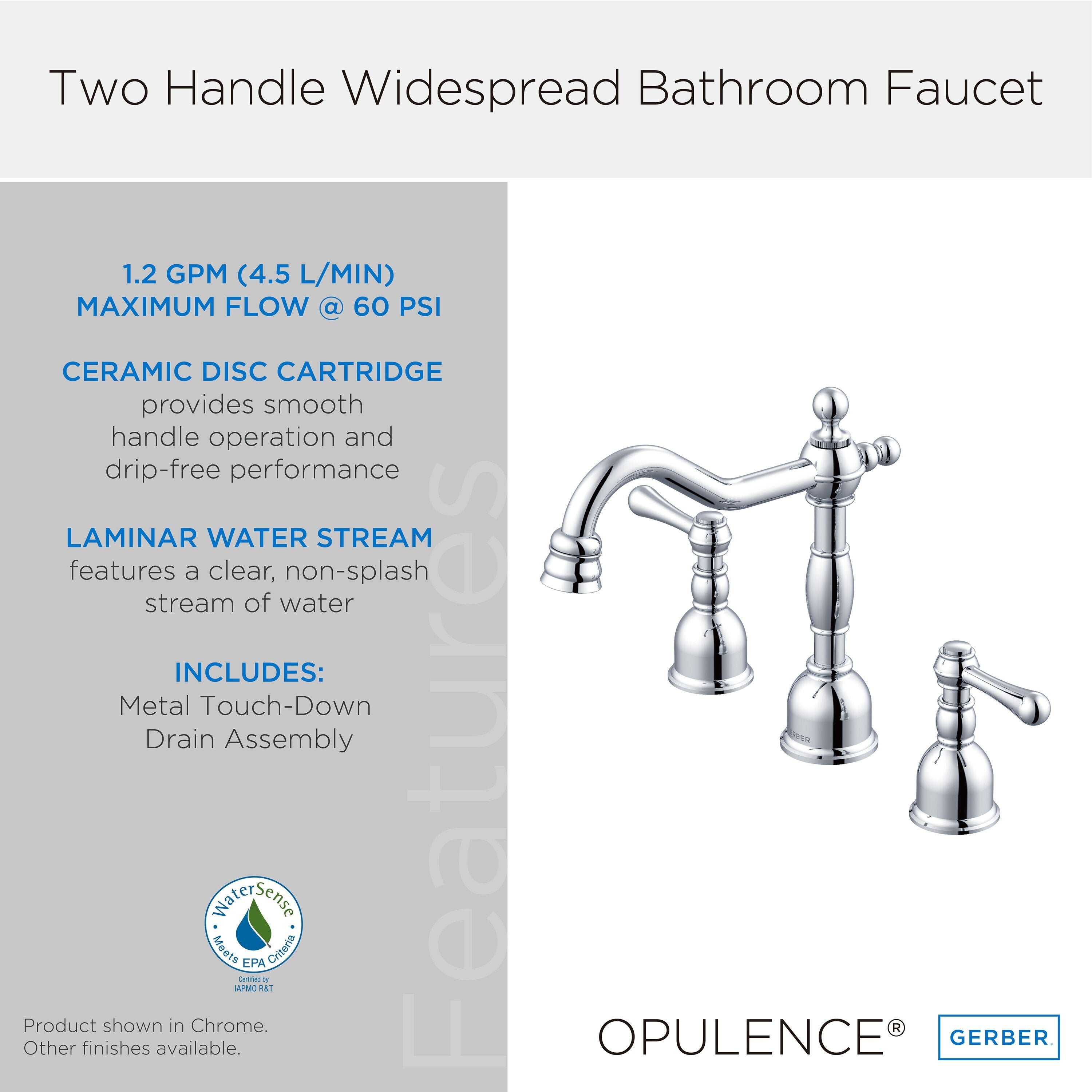 Opulence® Two Handle Widespread Bathroom Faucet with Metal Touch-Down Drain