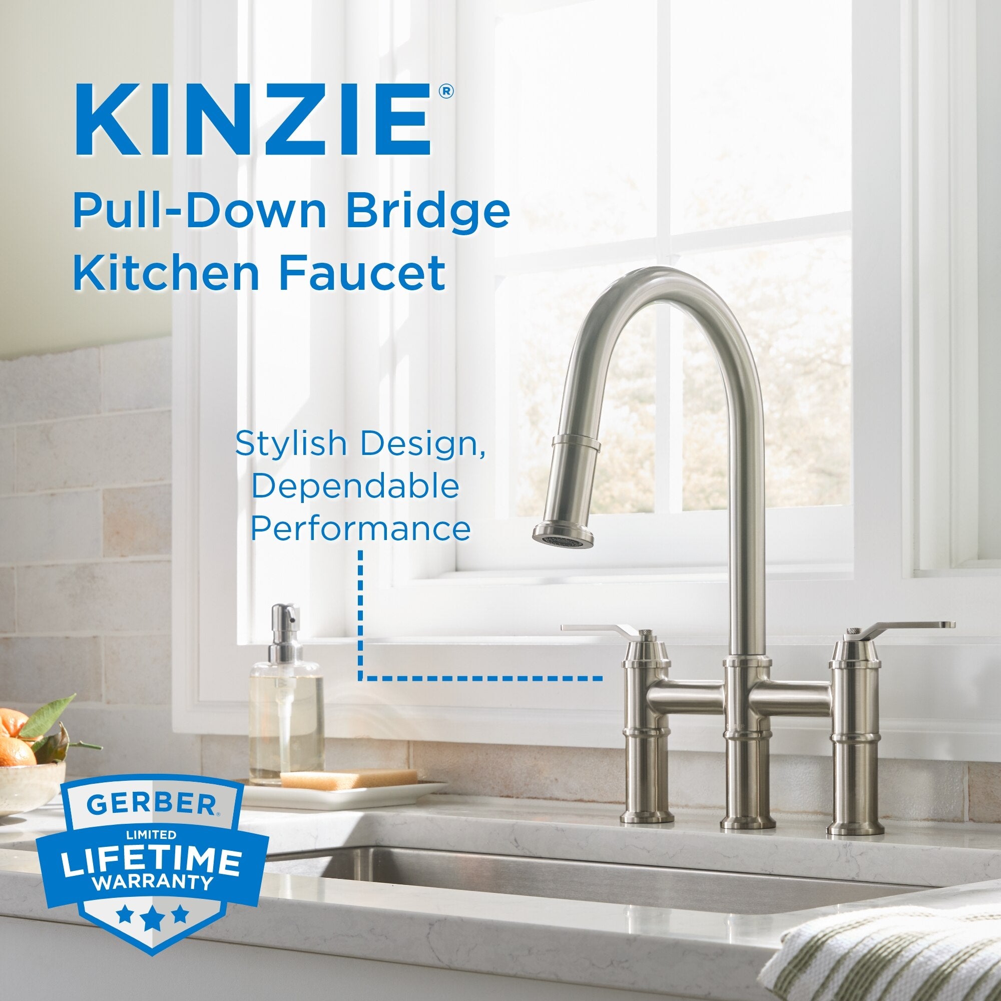 Kinzie® Two Handle Pull Down Bridge Kitchen Faucet