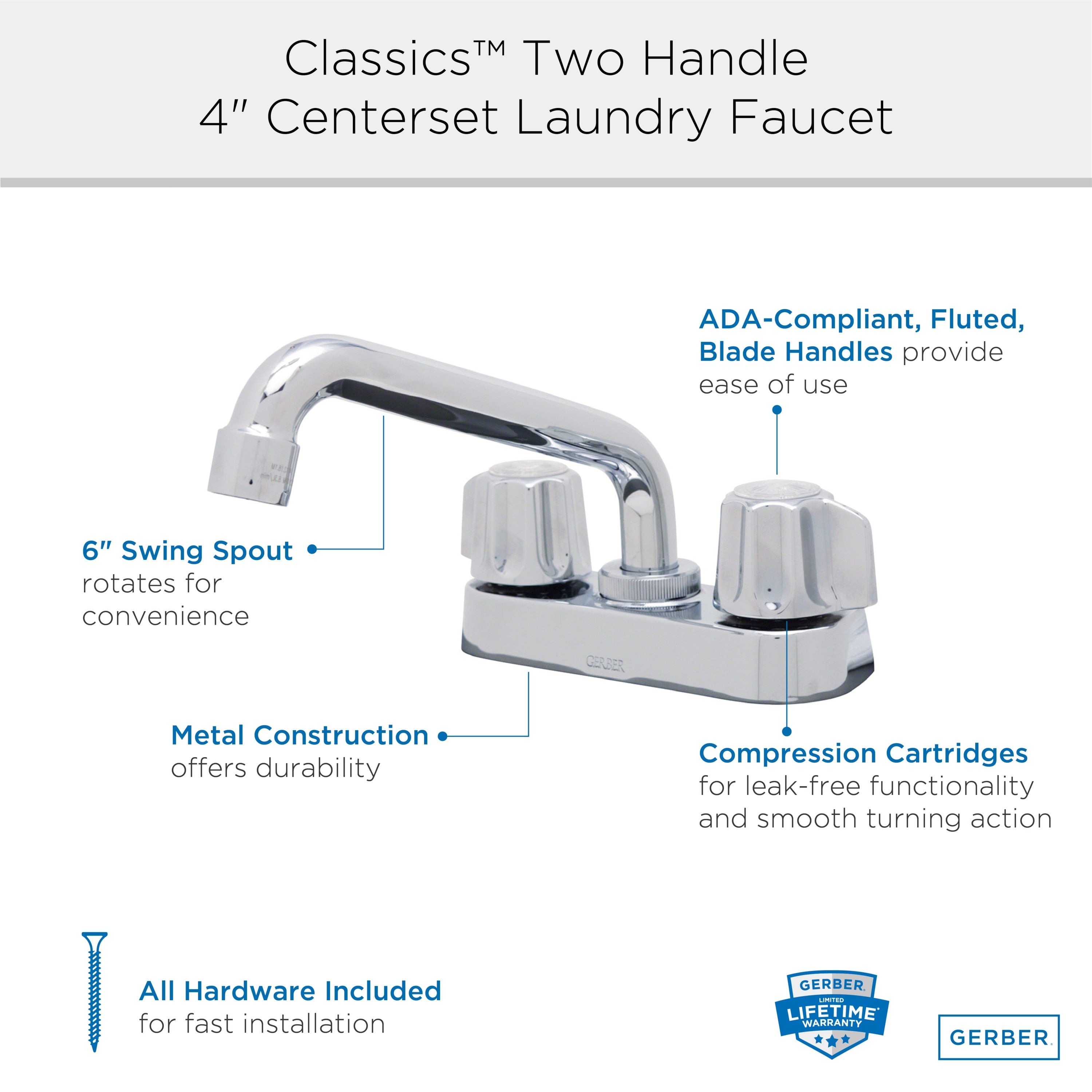 Gerber Classics™ Two Handle Centerset Laundry Faucet with Metal Fluted Handles and 6" Swing Spout