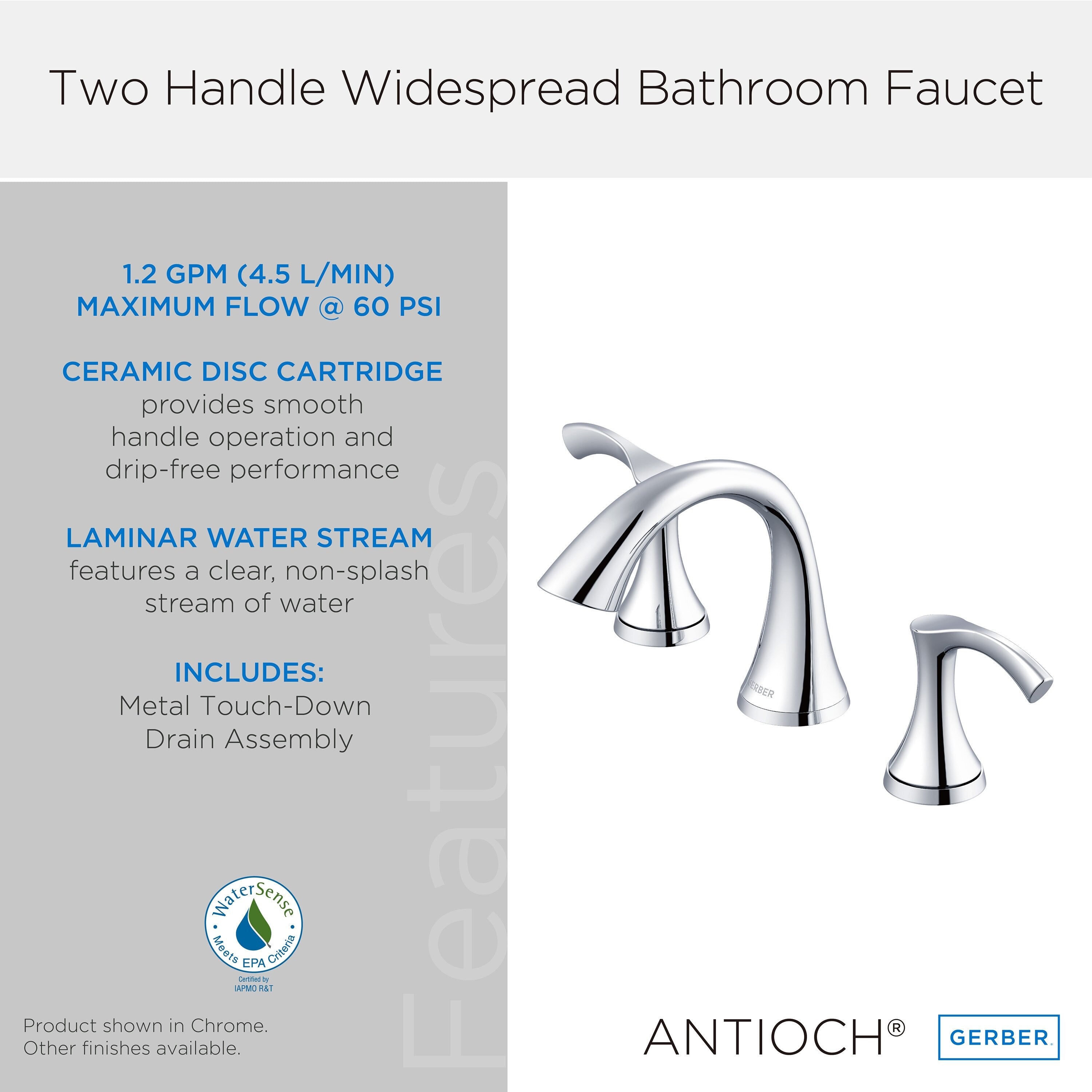 Antioch® Two Handle Widespread Bathroom Faucet with Metal Touch-Down Drain