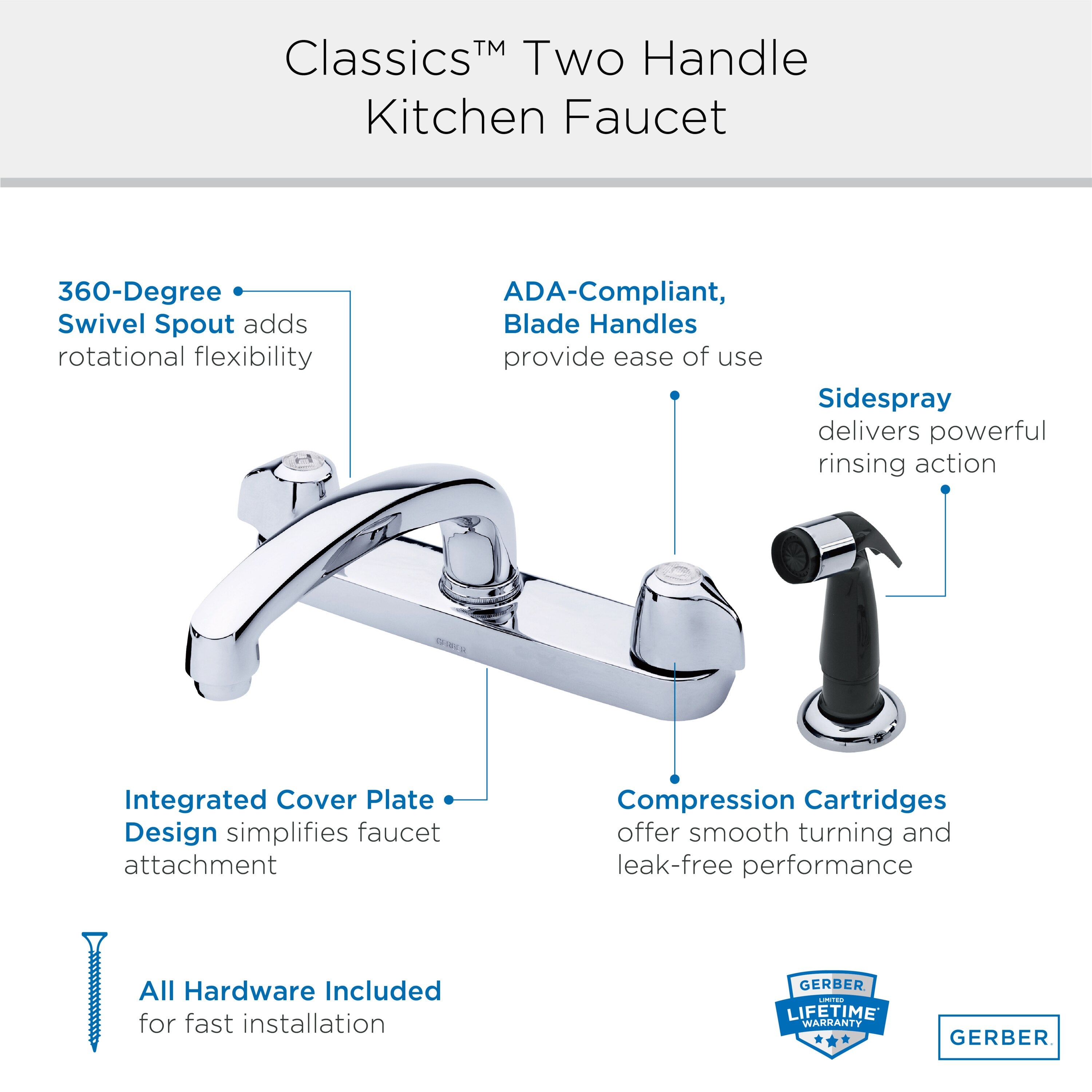 Gerber Classics™ Two Handle Cover Plate Mounted Kitchen Faucet with Metal Handles and Sidespray