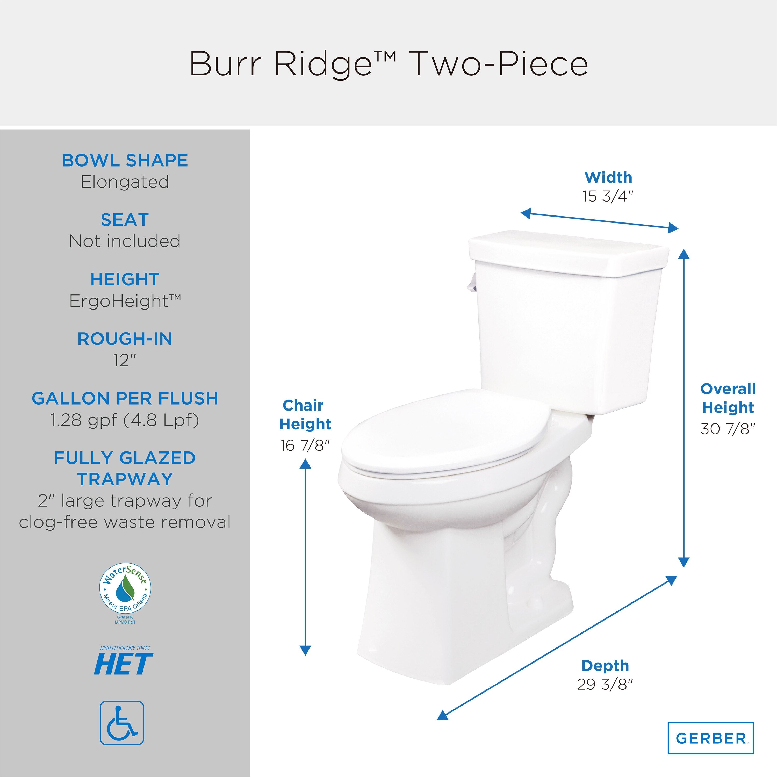Burr Ridge™ 1.28 gpf 12" Rough-In  Two-Piece Elongated ErgoHeight™ Toilet