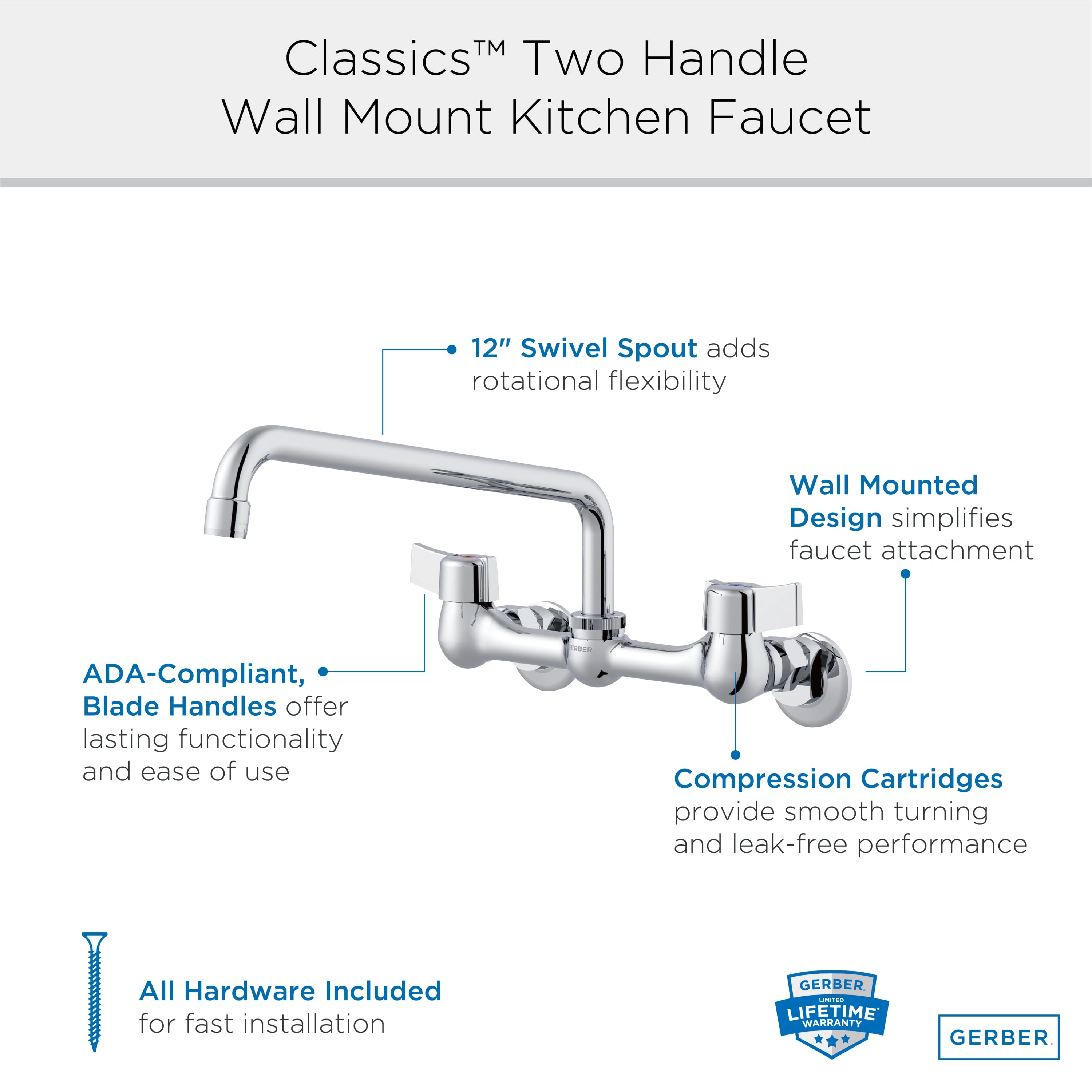 Gerber Classics™ Two Handle Wall Mount Kitchen Faucet with Metal Handles and 12" Swing Spout