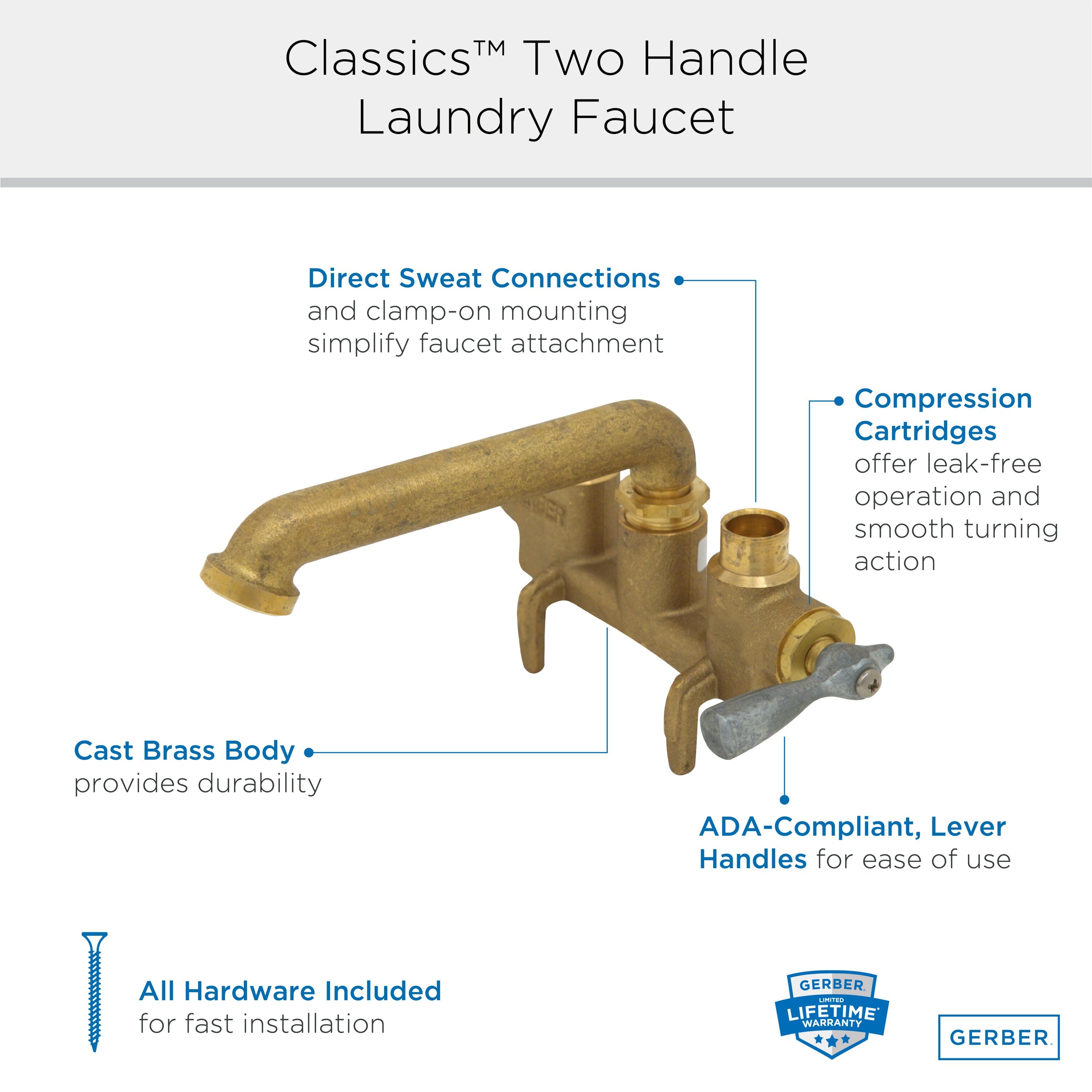 Gerber Classics™ Two Handle Clamp On Laundry Faucet with Metal Lever Handles and Direct Sweat Connections