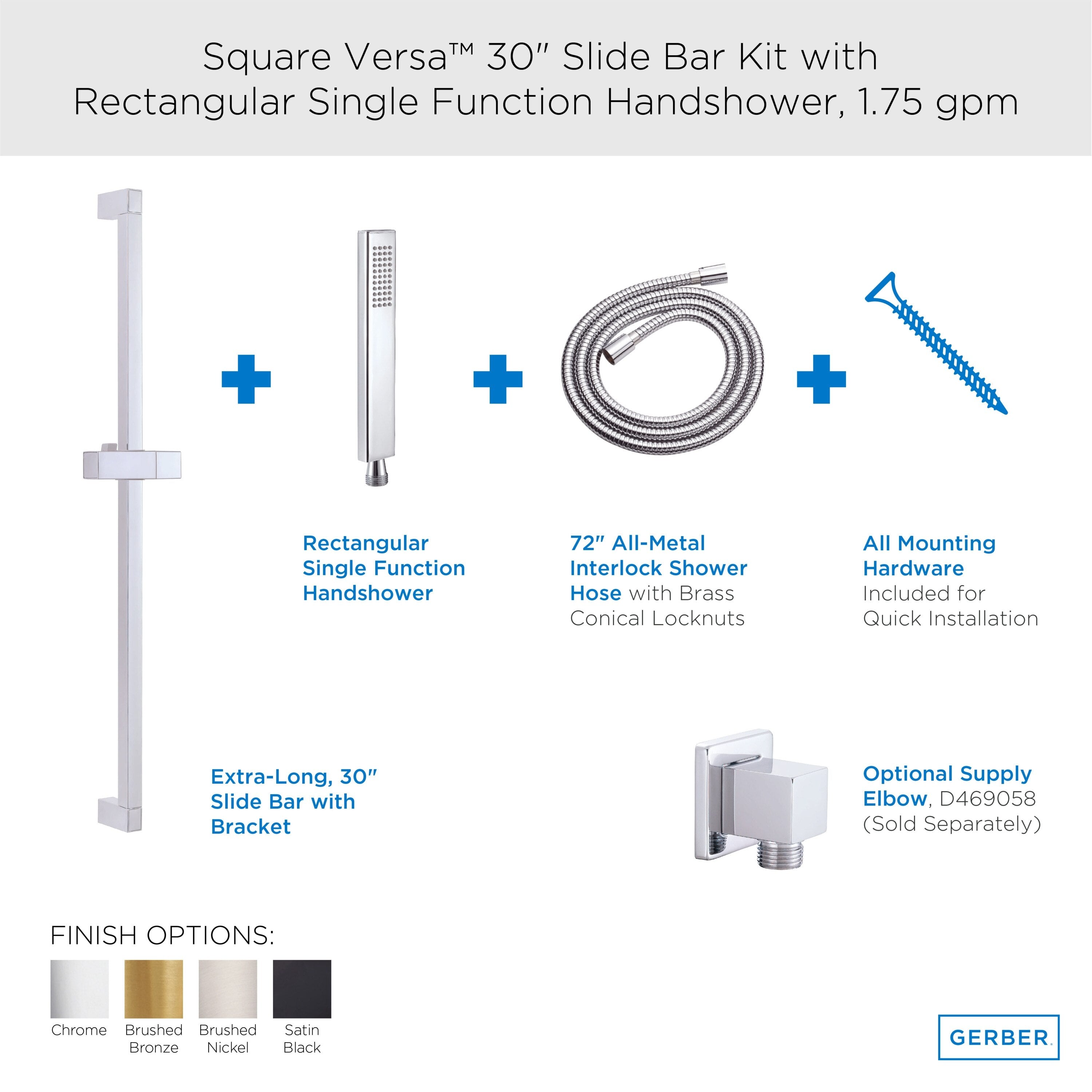 Versa™ Square 30" Slide Bar Assembly with Single Function Rectangular Handshower, 1.75gpm