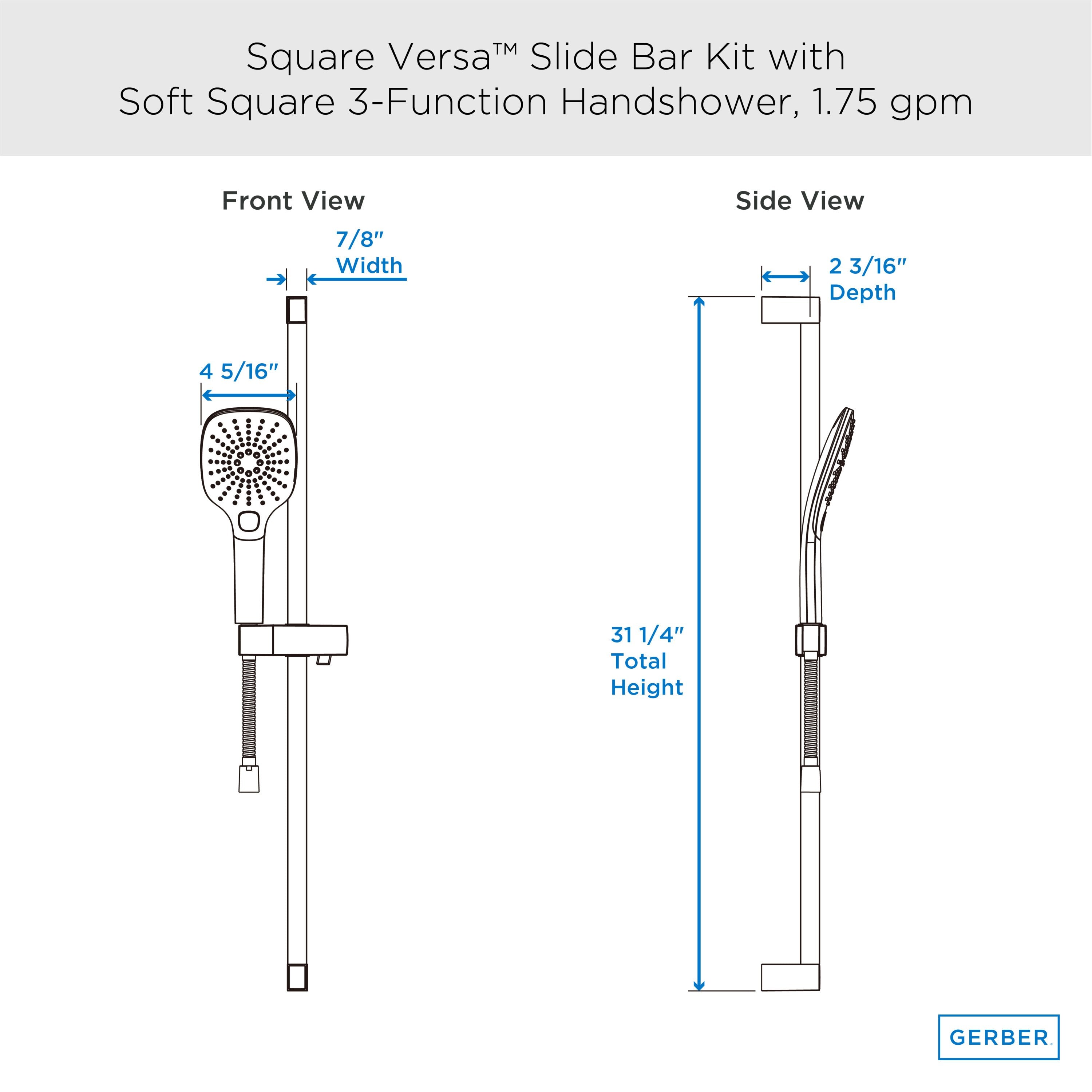 Versa™ Square 30" Slide Bar Assembly with Soft Square 3-Function Handshower, 1.75gpm