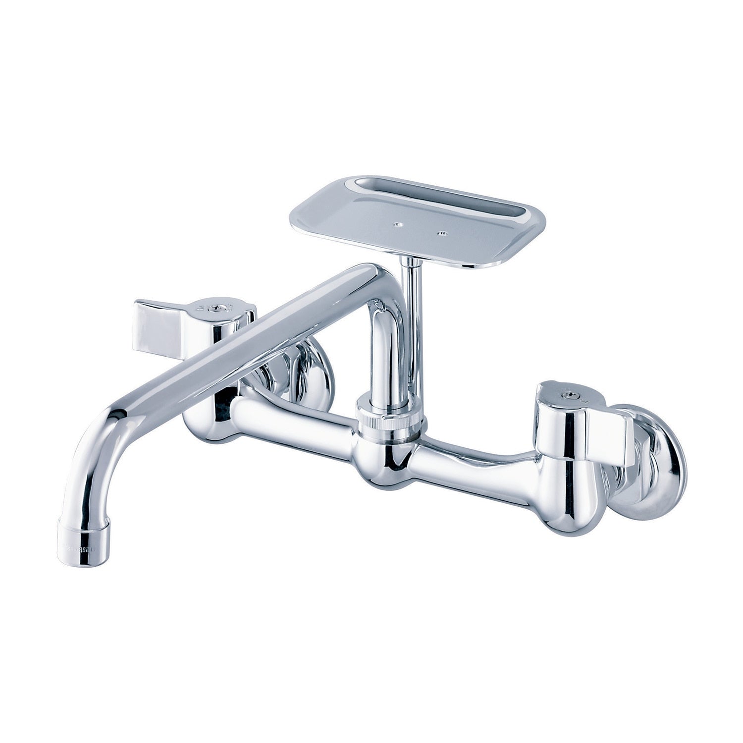 Gerber Classics™ Two Handle Wall Mount Kitchen Faucet with Metal Handles, 8" Swing Spout, and Soap Dish