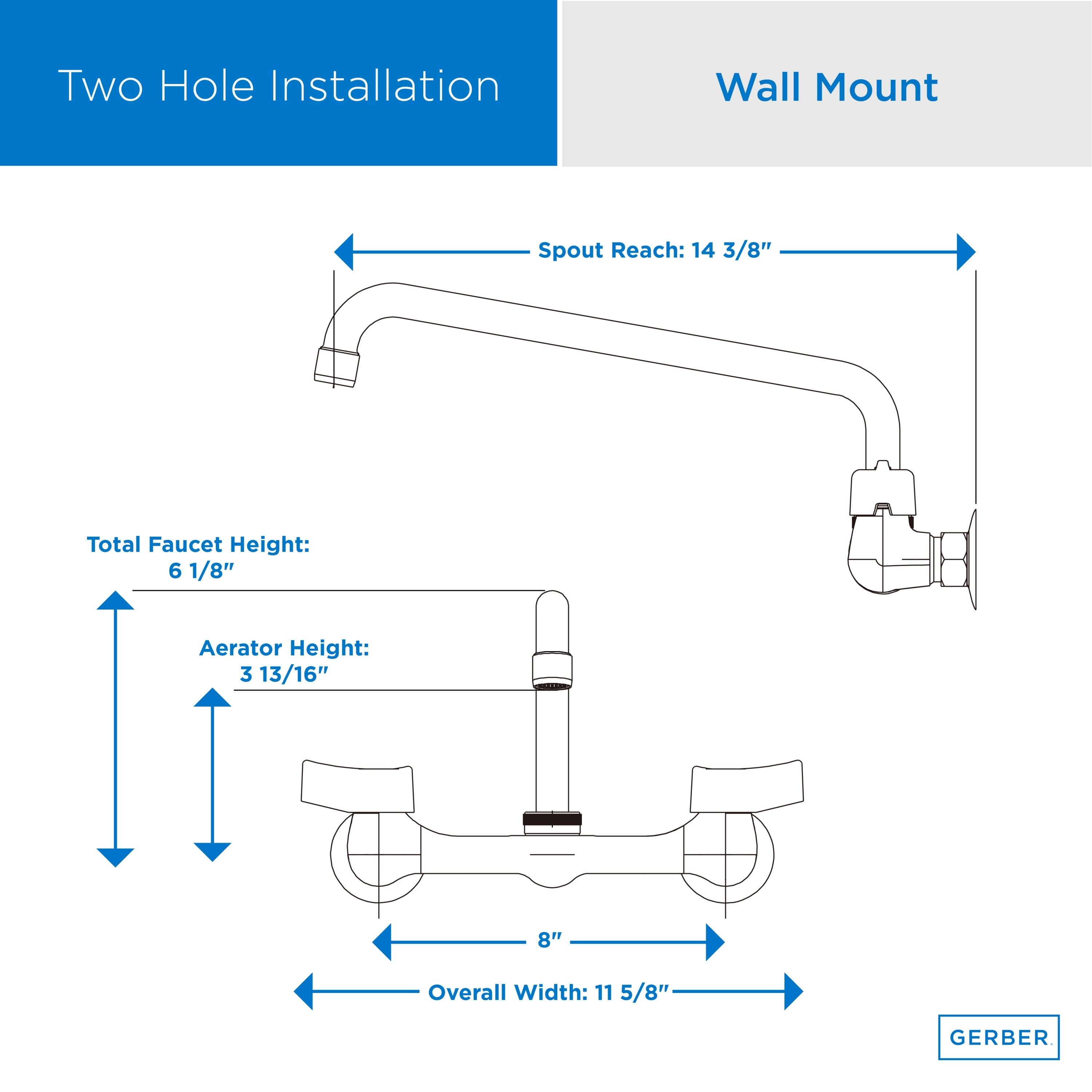 Gerber Classics™ Two Handle Wall Mount Kitchen Faucet with Metal Handles and 12" Swing Spout
