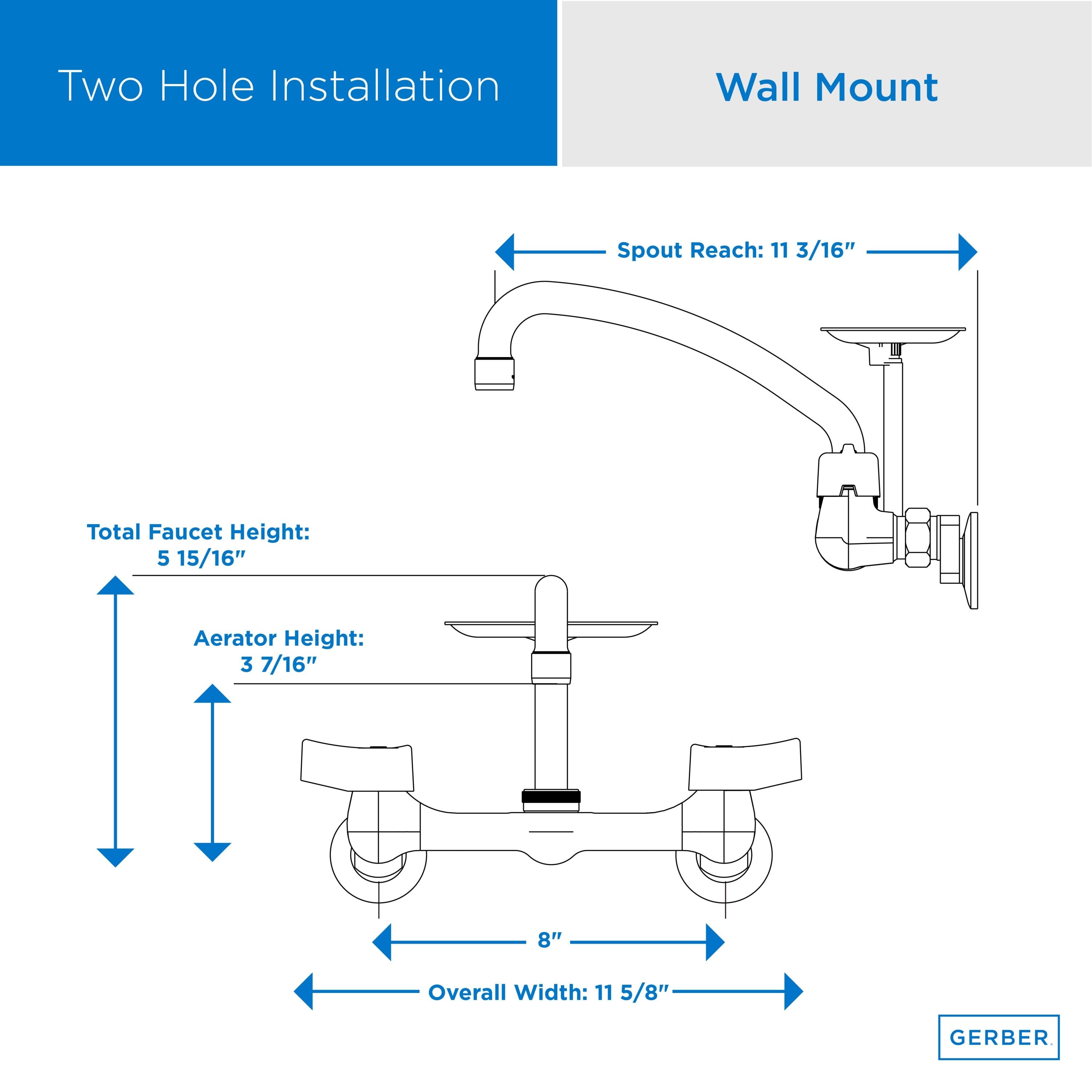 Gerber Classics™ Two Handle Wall Mount Kitchen Faucet with Metal Handles, 8" Swing Spout, and Soap Dish