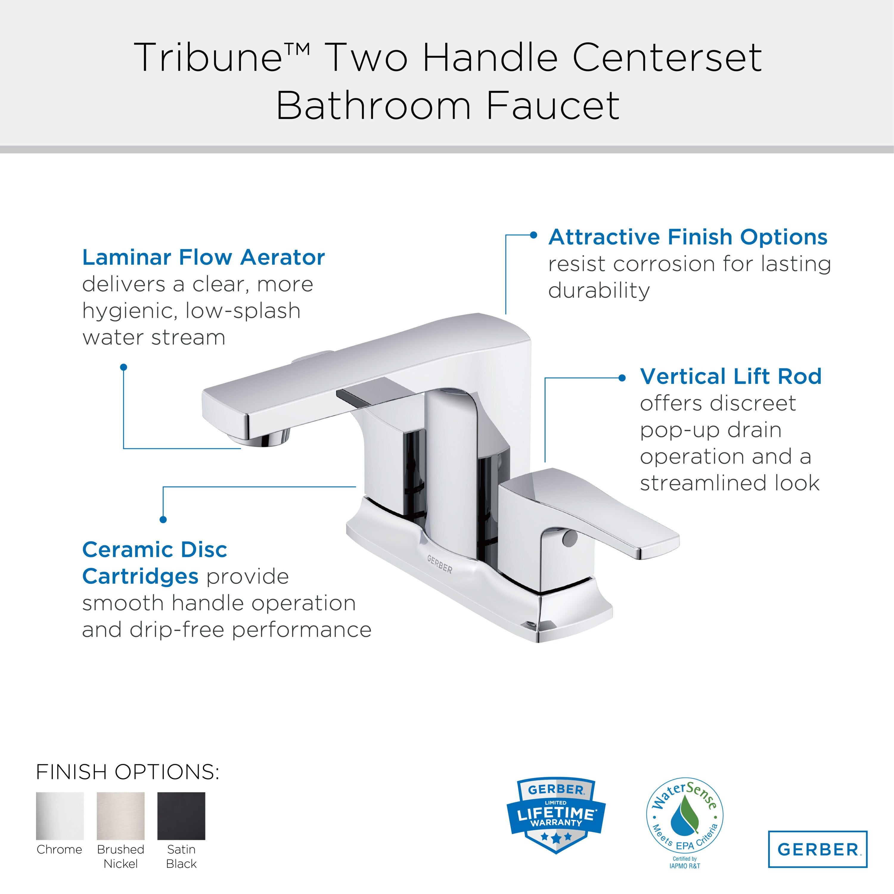 Tribune® Two Handle Centerset Bathroom Faucet with 50/50 Pop-Up Drain