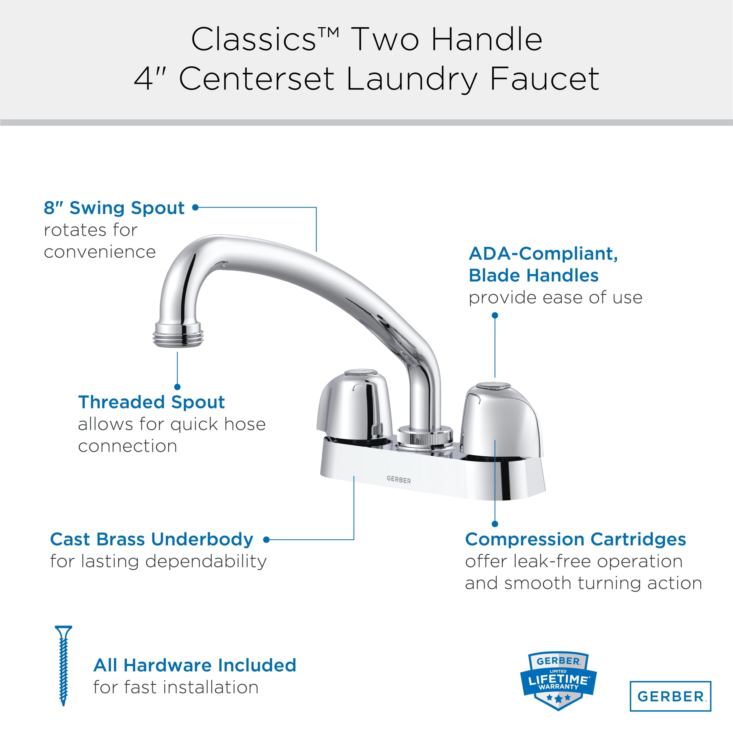 Gerber Classics™ Centerset Laundry Faucet with Metal Handles and 8" Swing Spout