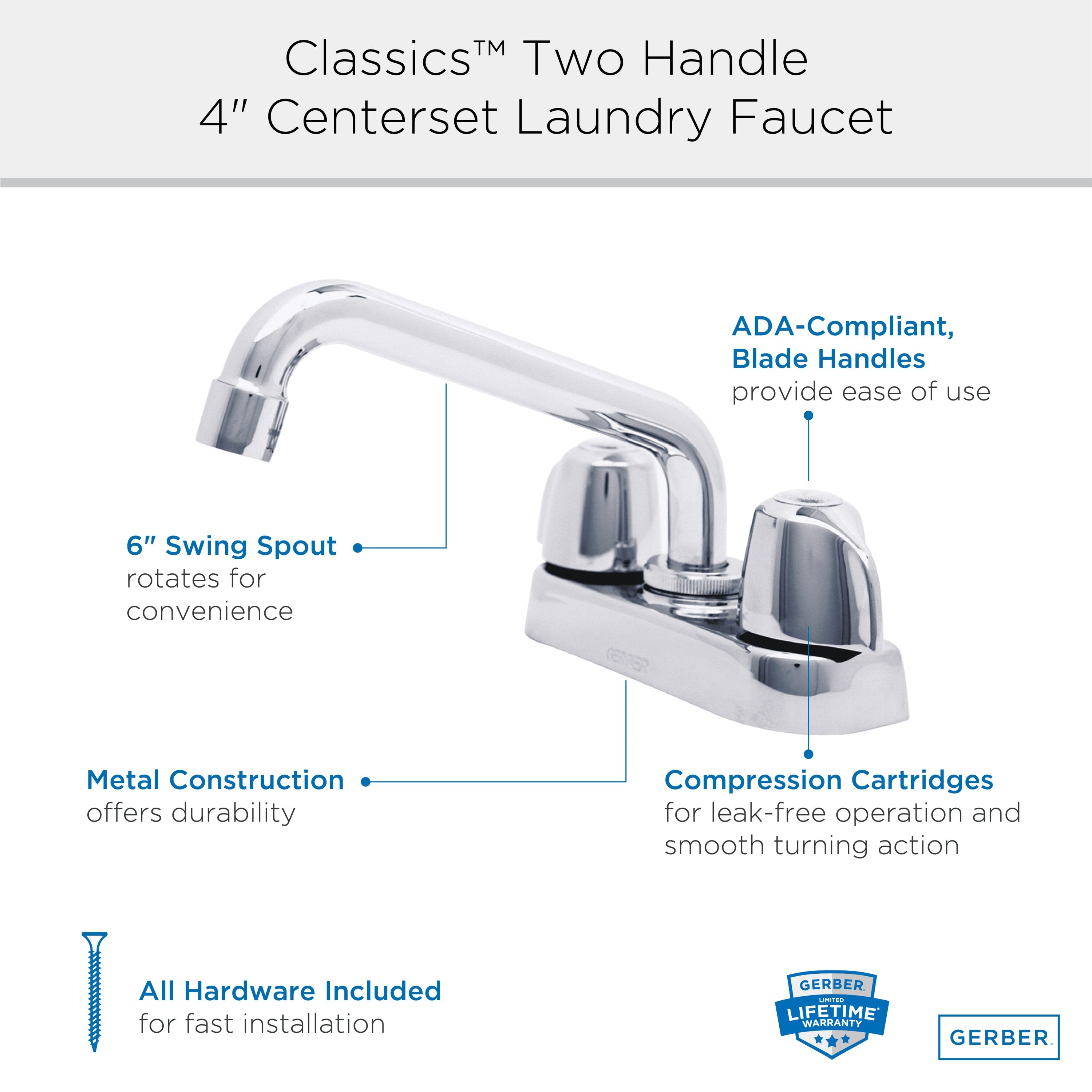 Gerber Classics™ Two Handle Centerset Laundry Faucet with Metal Handles and 6" Swing Spout