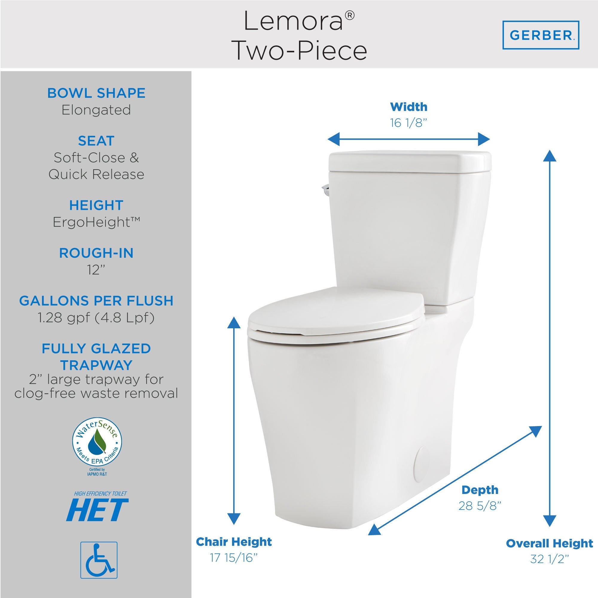 Lemora® 1.28gpf 12" Rough-In Two-Piece Elongated ErgoHeight™ Toilet