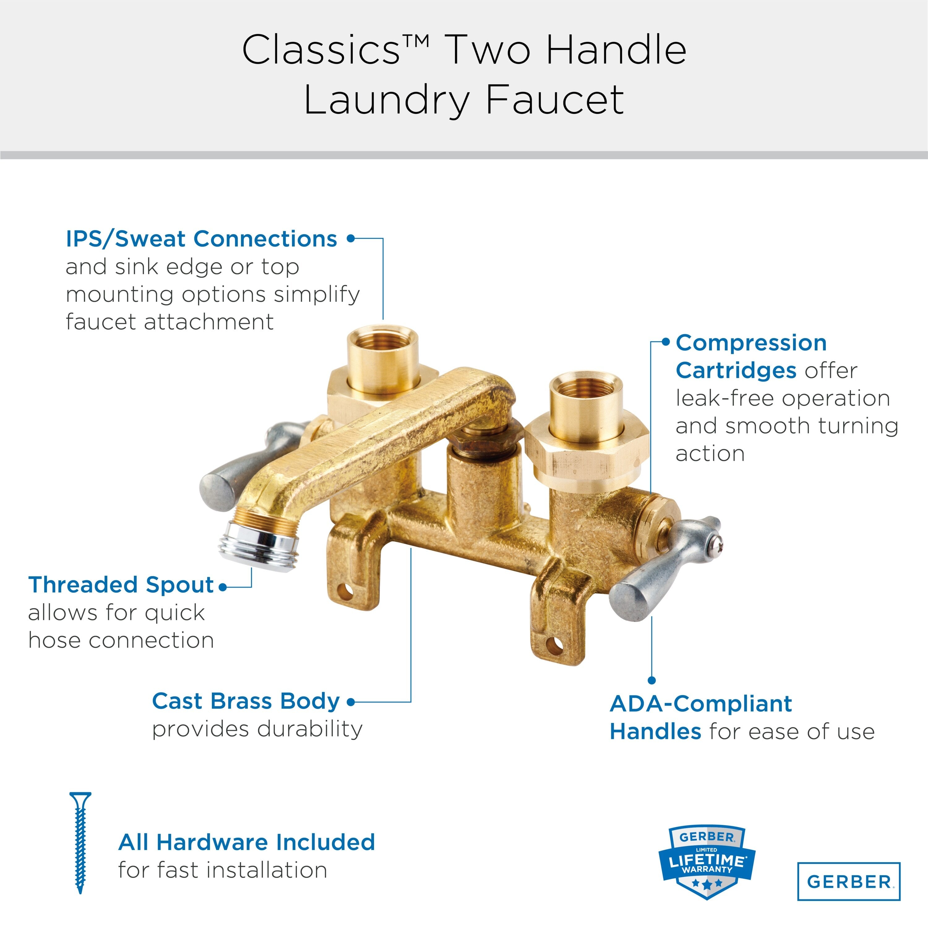 Gerber Classics™ Two Handle Laundry Faucet  with Metal Lever Handles, Threaded Legs, IPS/Sweat Connections, and Threaded Spout