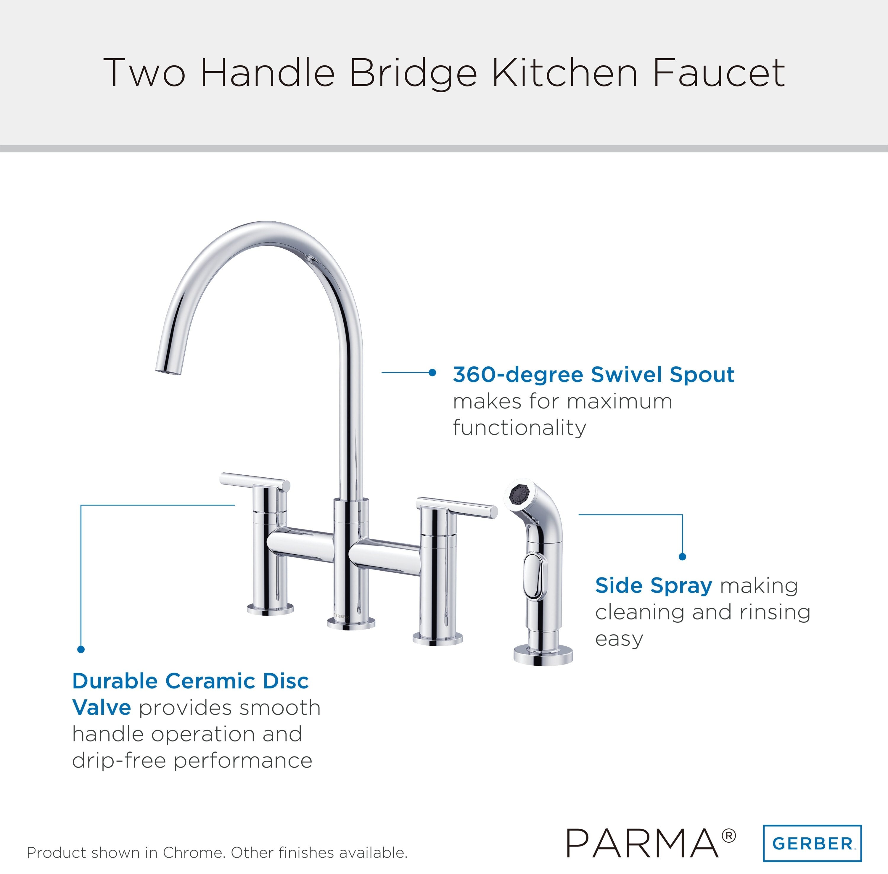 Parma® Two Handle Bridge Kitchen Faucet with Sidespray
