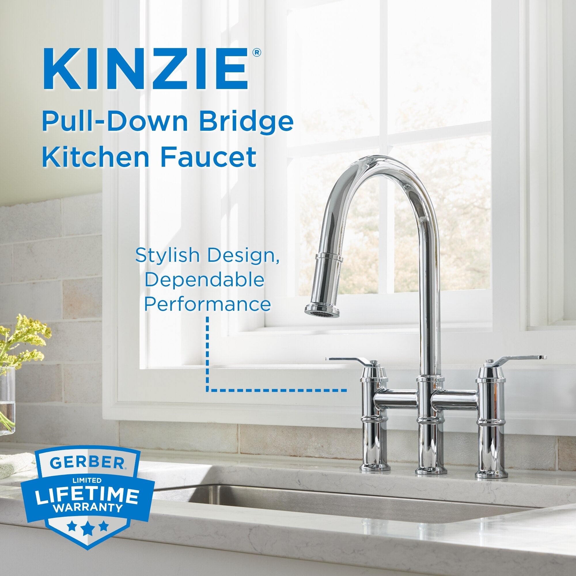 Kinzie® Two Handle Pull Down Bridge Kitchen Faucet
