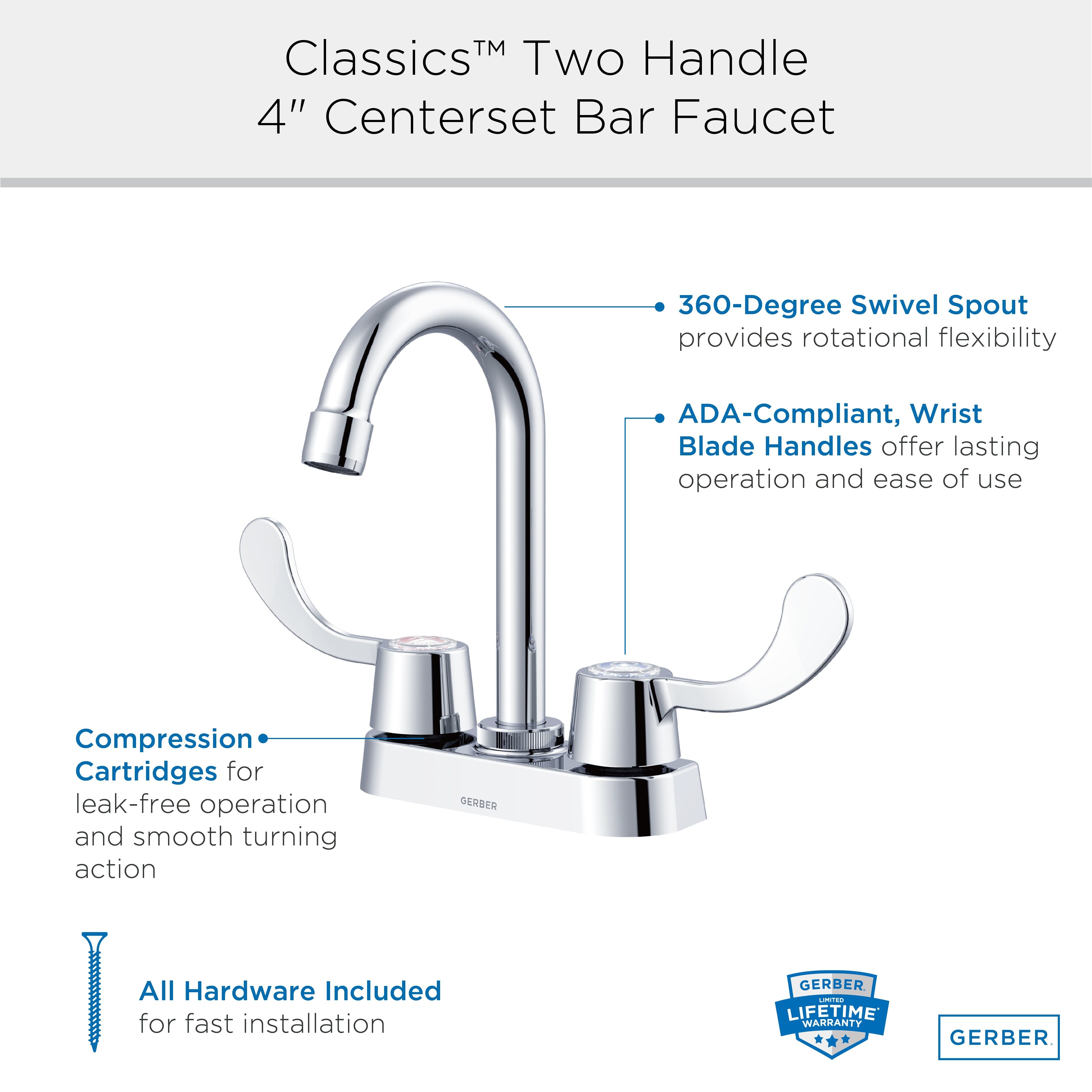 Gerber Classics™ Two Handle Bar Faucet with Metal Wristblade Handles