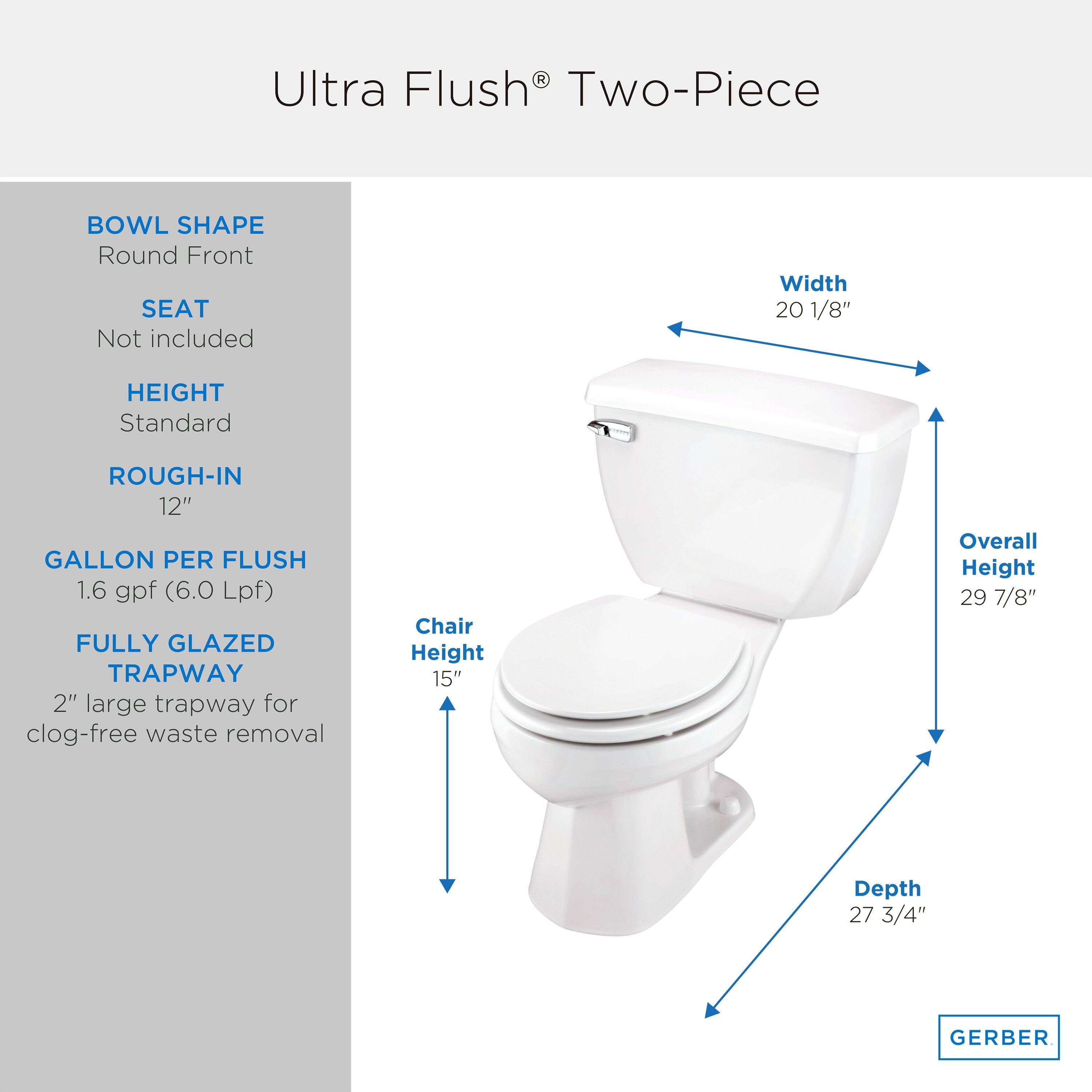 Gerber Ultra Flush® 1.6 GPF Pressure-Assist Two-Piece Toilet – Model G0020302