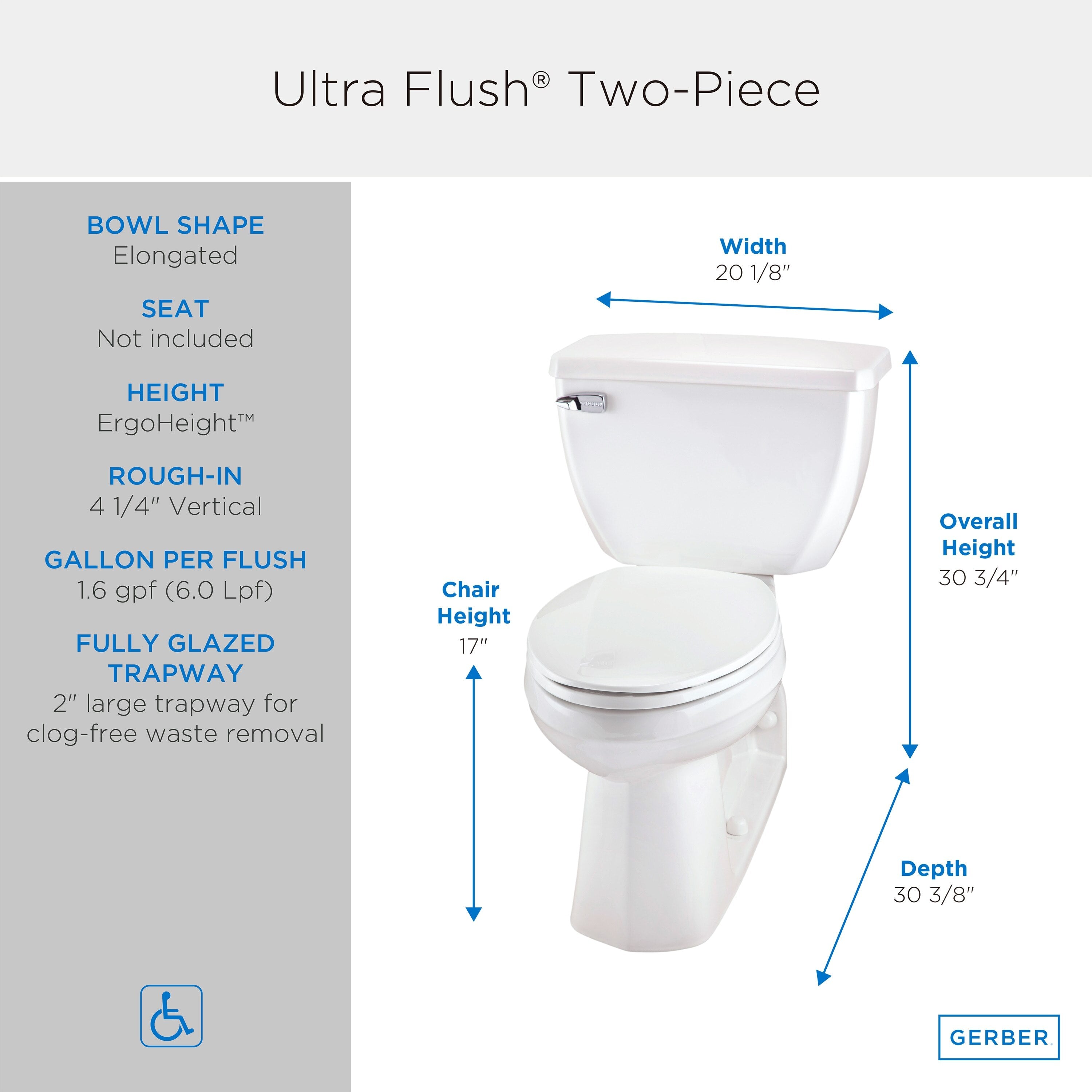 Ultra Flush® 1.6 gpf 4 1/4" Vertical Rough-In  Two-Piece Back Outlet Elongated ErgoHeight™ Toilet