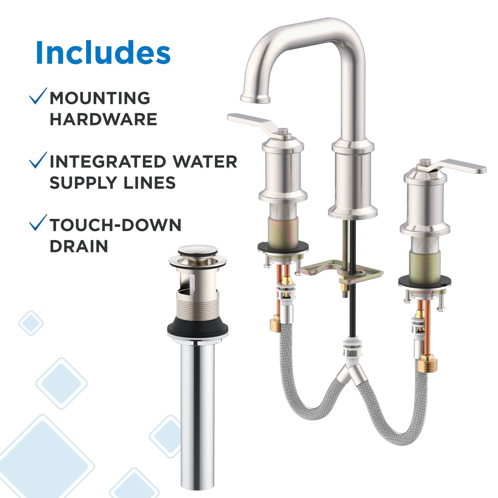 Kinzie® Two Handle Widespread Bathroom Faucet with Metal Touch-Down Drain