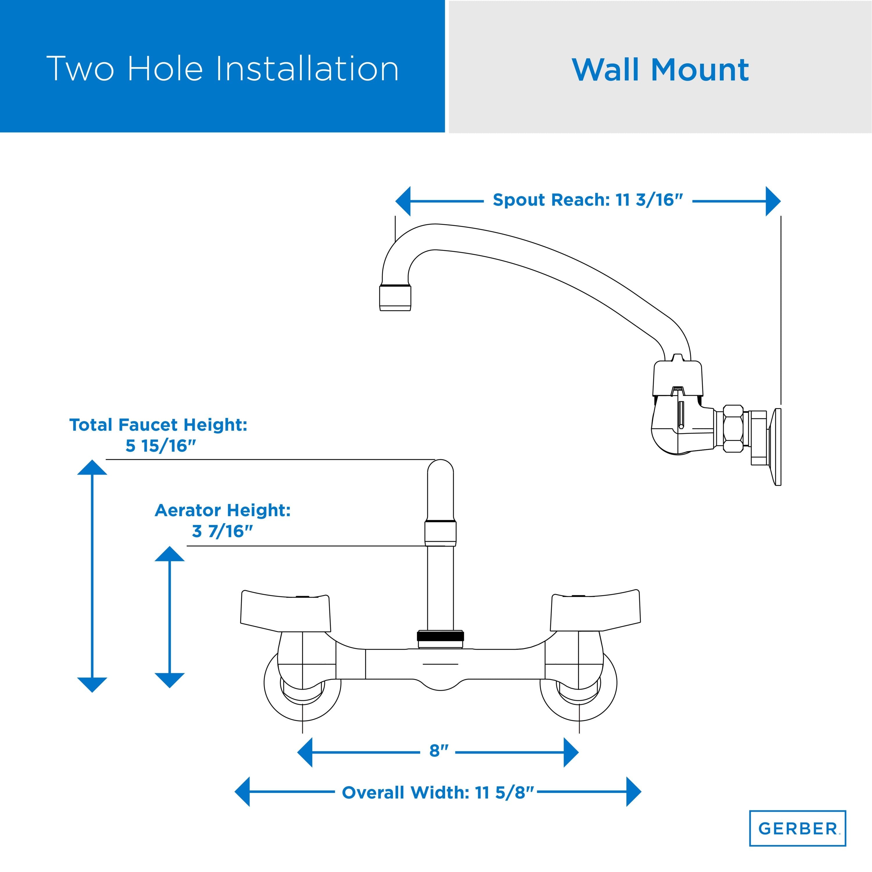 Gerber Classics™ Two Handle Wall Mount Kitchen Faucet with Metal Handles and 8" Swing Spout