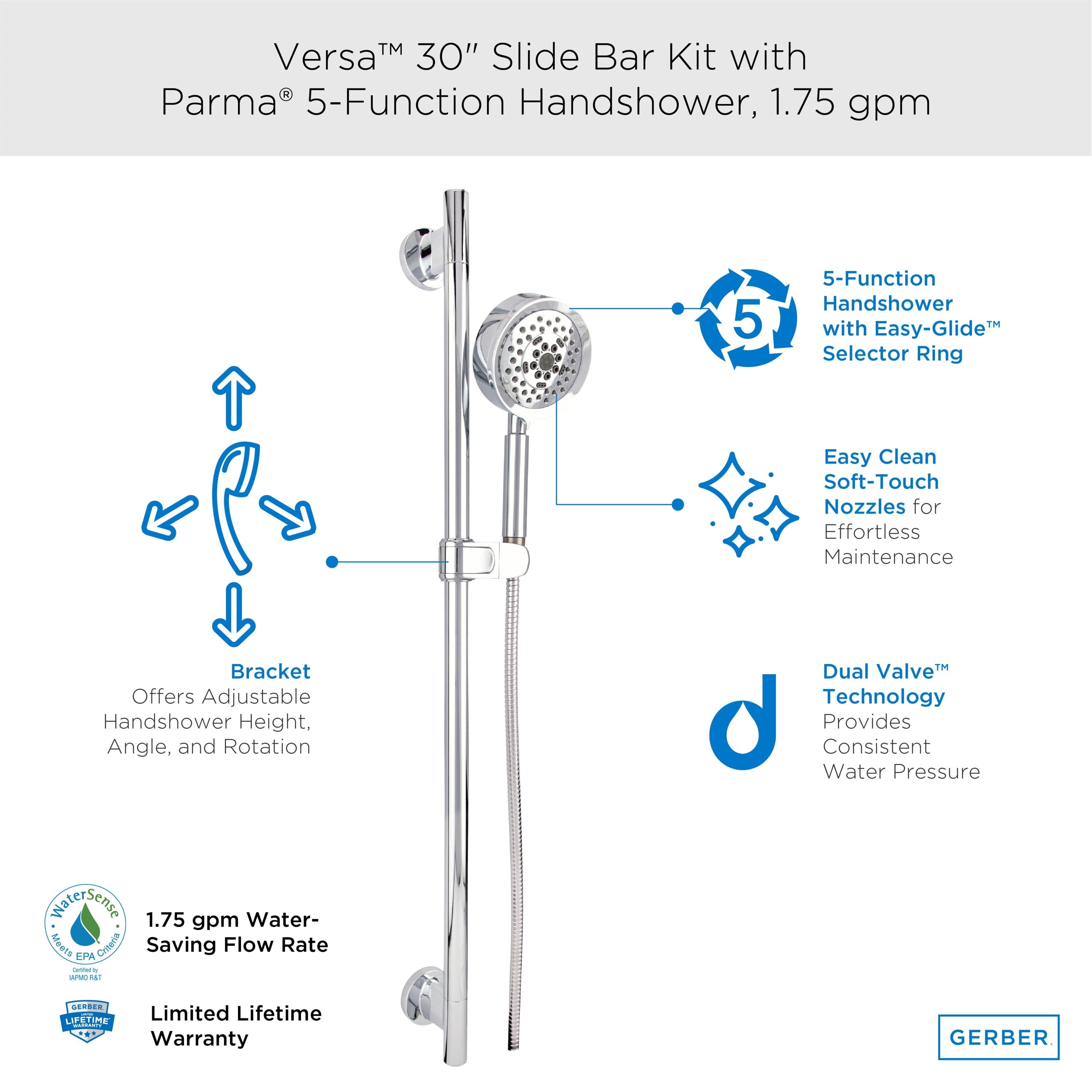 Versa™ 30" Slide Bar Assembly with Parma® 5-Function Handshower, 1.75gpm
