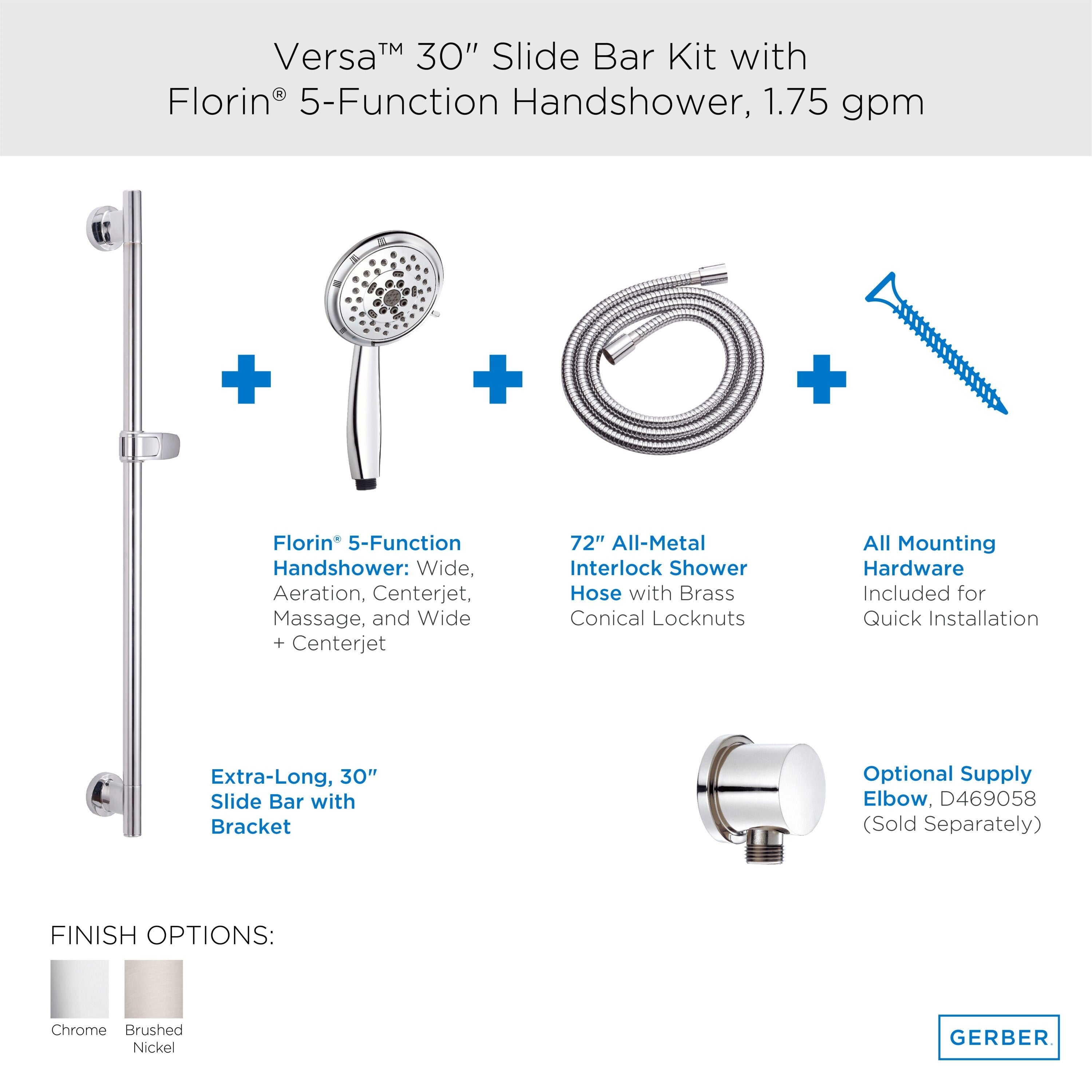 Versa™ 30" Slide Bar Assembly with Florin® 5-Function Handshower
