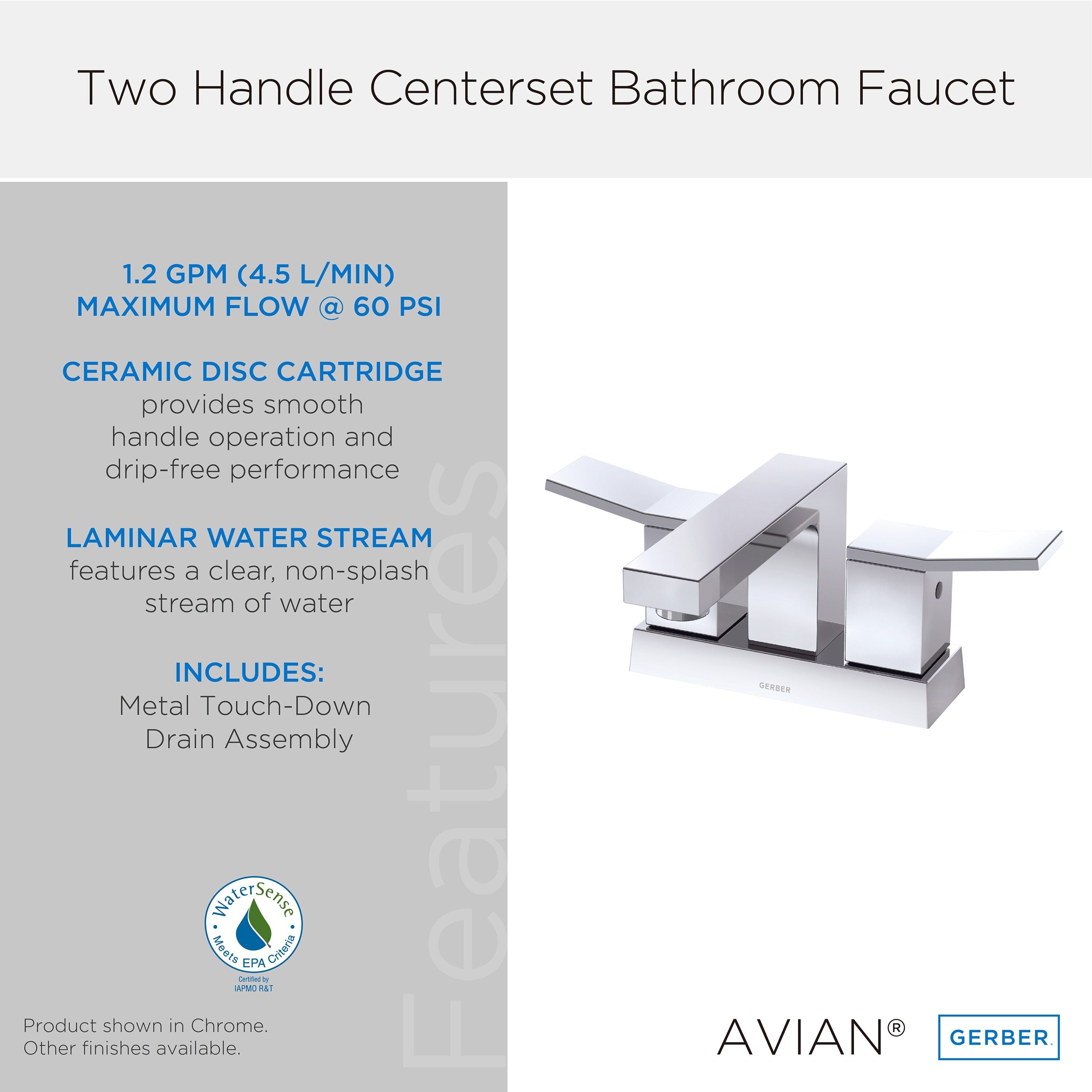 Avian® Two Handle Centerset Bathroom Faucet with Metal Touch-Down Drain